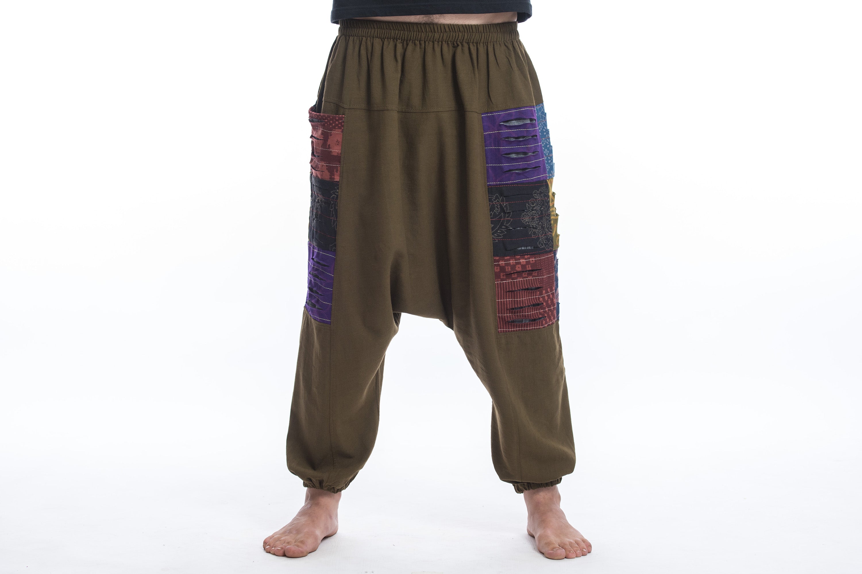 Ripped Patchwork Cotton Men's Harem Pants In Olive