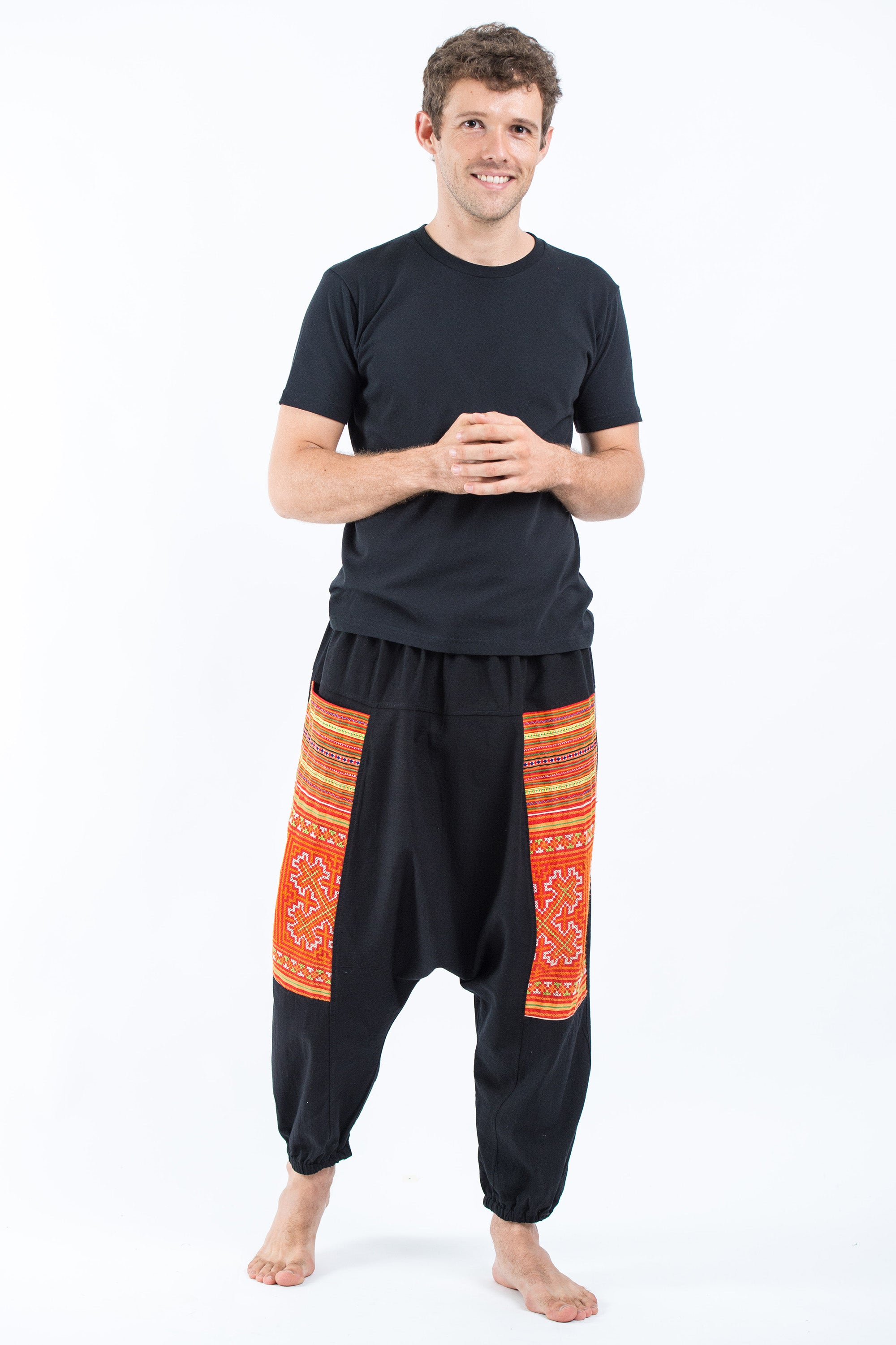 Hill Tribe Embroidered Cotton Men's Harem Pants In Black