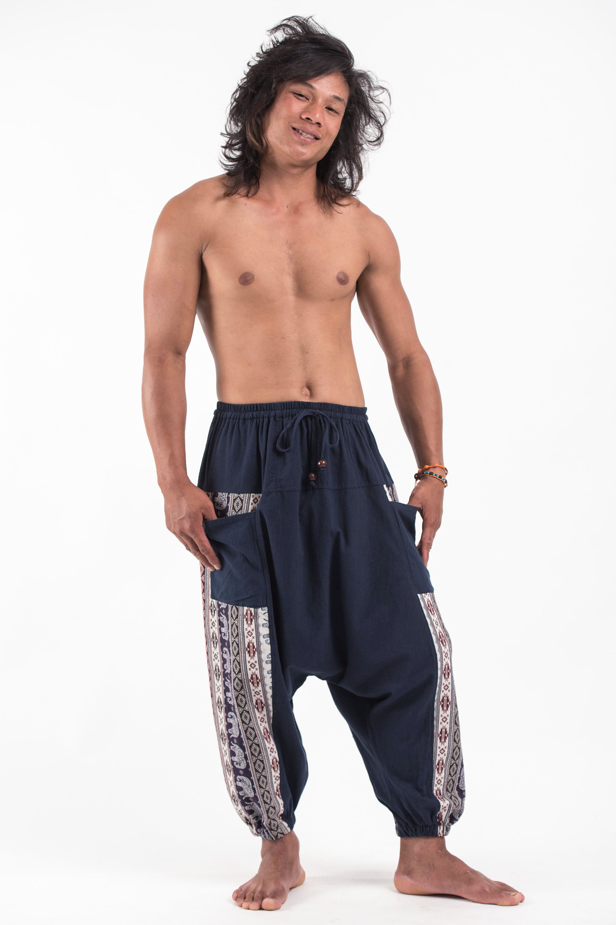 Elephant Aztec Cotton Men's Harem Pants in Navy. Free Shipping for