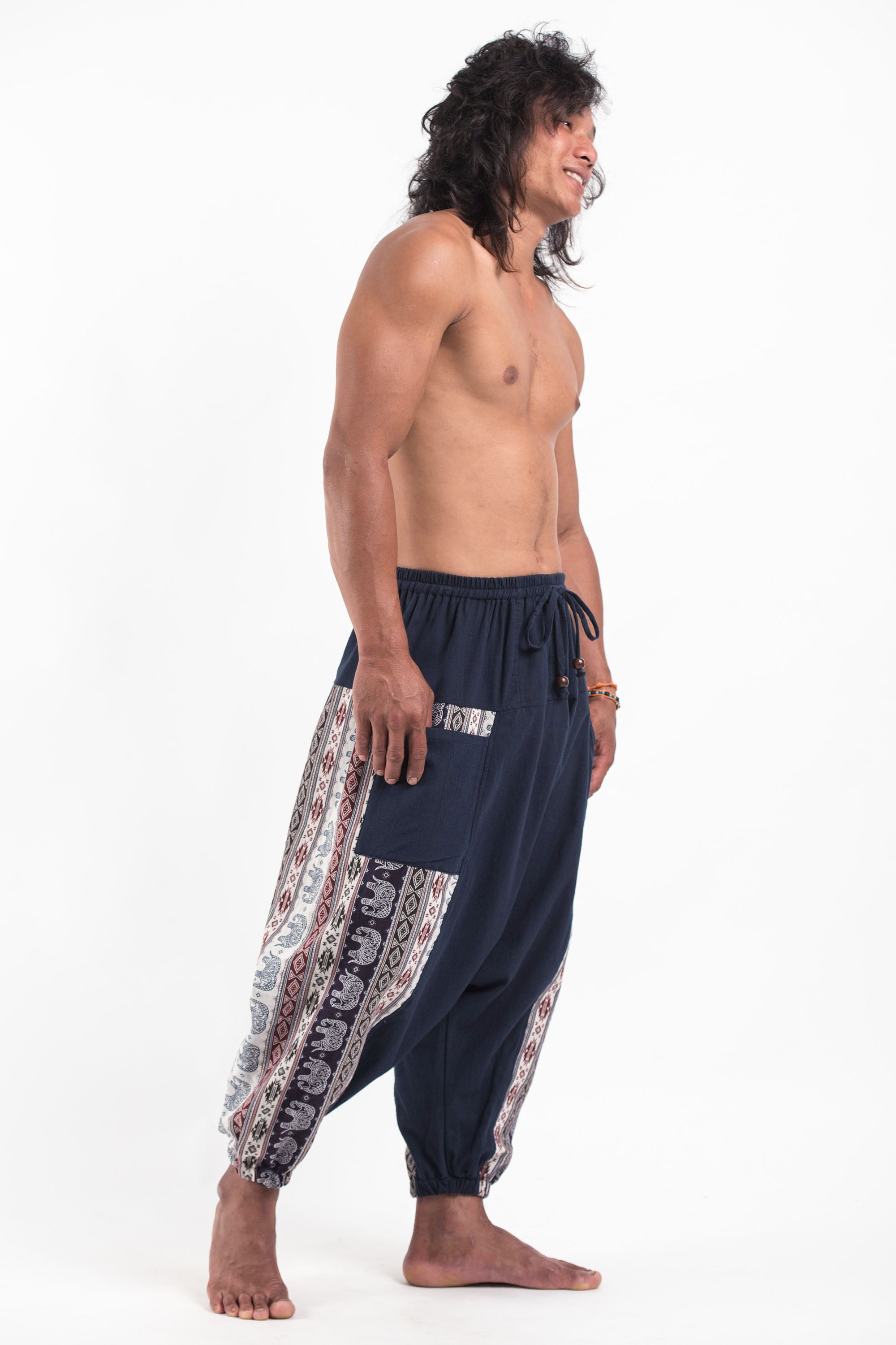Elephant Aztec Cotton Men's Harem Pants in Navy