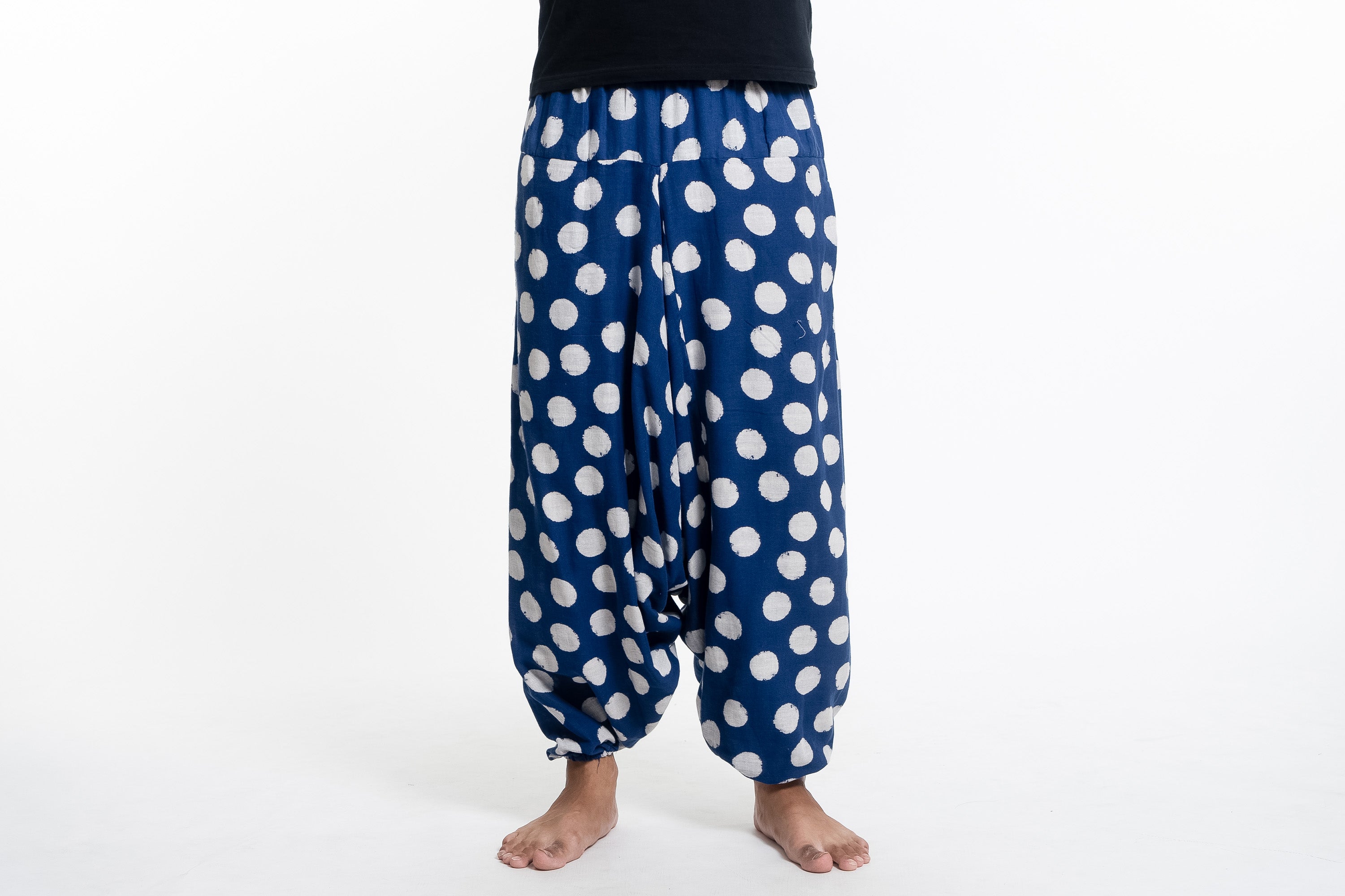 Polkadot Prints Men's Low Cut Cotton Harem Pants in Indigo