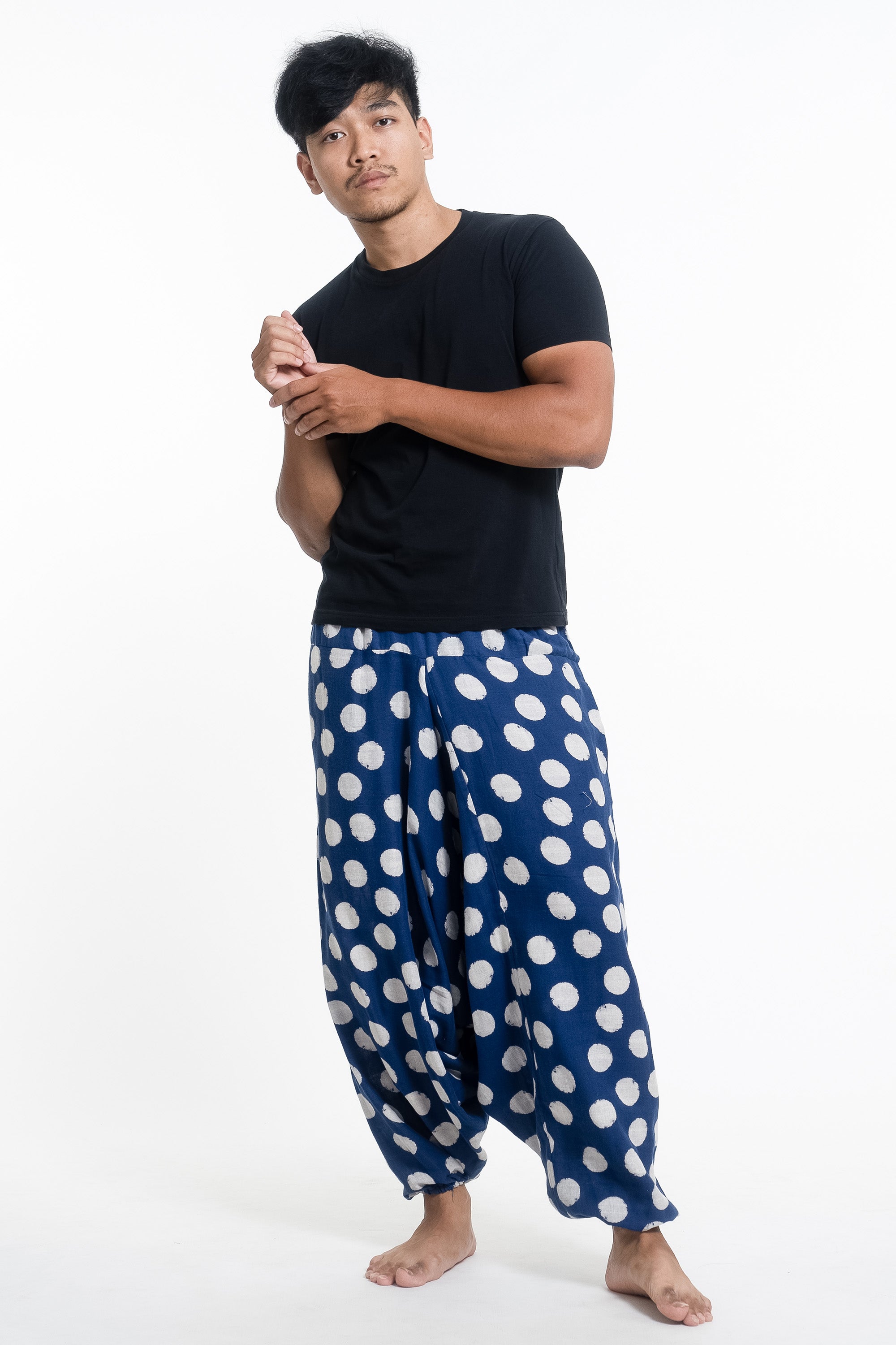 Polkadot Prints Men's Low Cut Cotton Harem Pants in Indigo