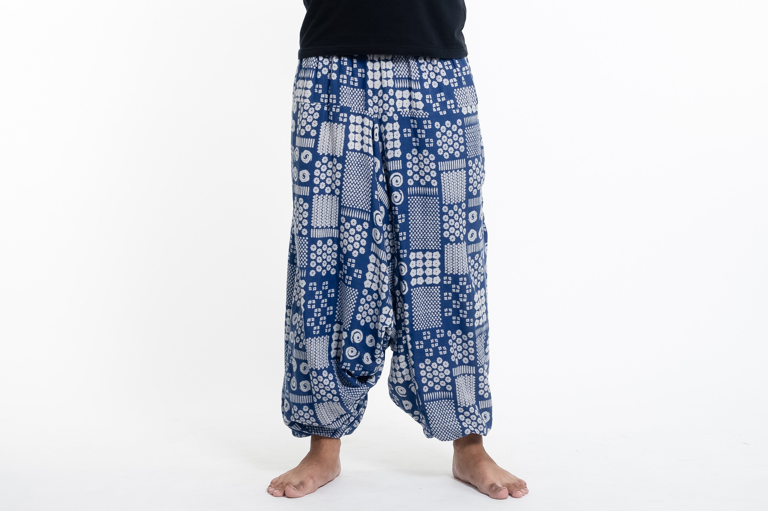 Patchwork Prints Men's Low Cut Cotton Harem Pants in Indigo