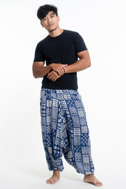 Patchwork Prints Men's Low Cut Cotton Harem Pants in Indigo
