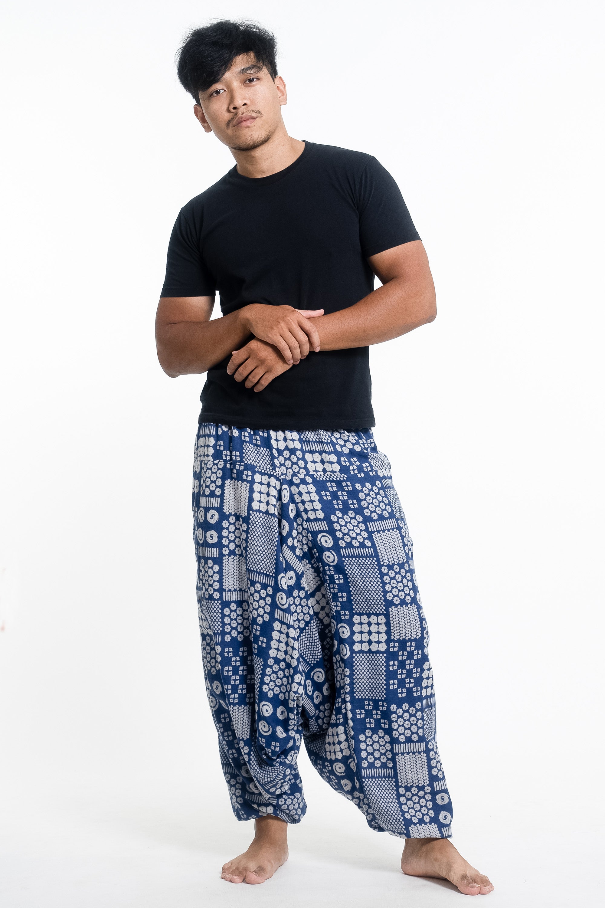 Patchwork Prints Men's Low Cut Cotton Harem Pants in Indigo
