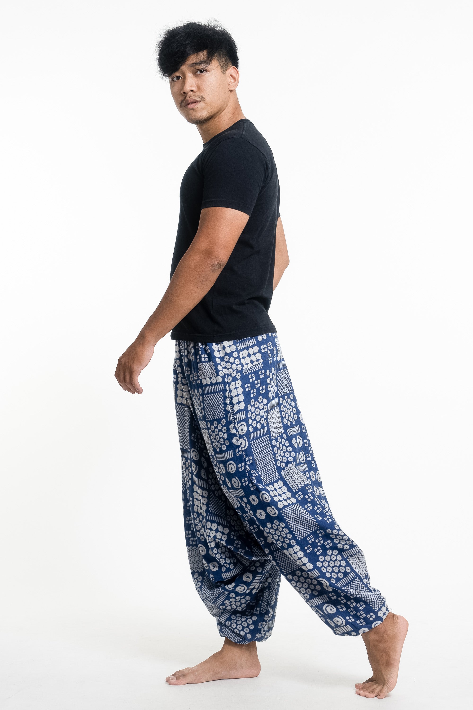 Patchwork Prints Men's Low Cut Cotton Harem Pants in Indigo