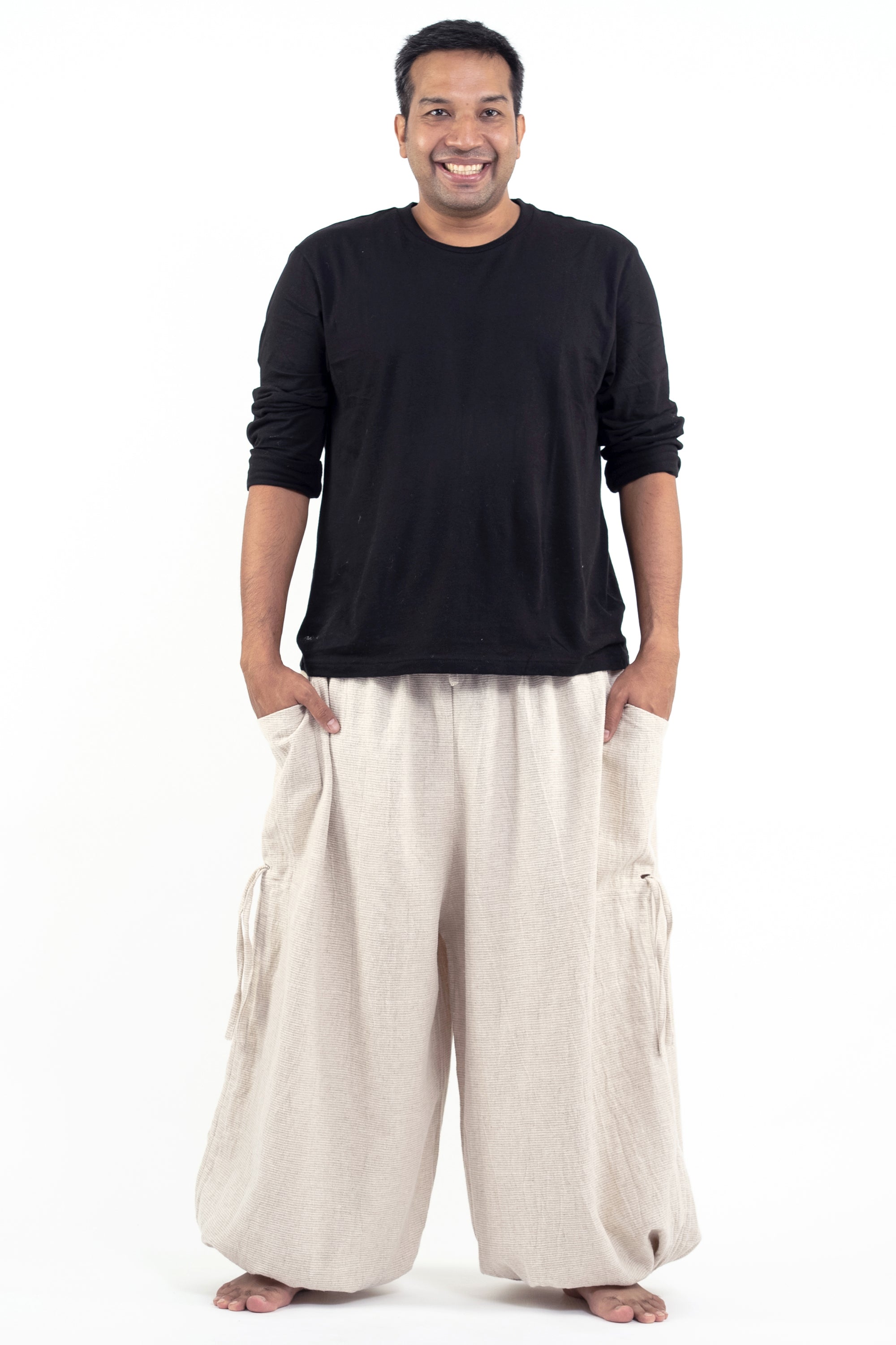 Plus Size Men's Ribbed Hemp Cotton Linen Blend Pants in Natural