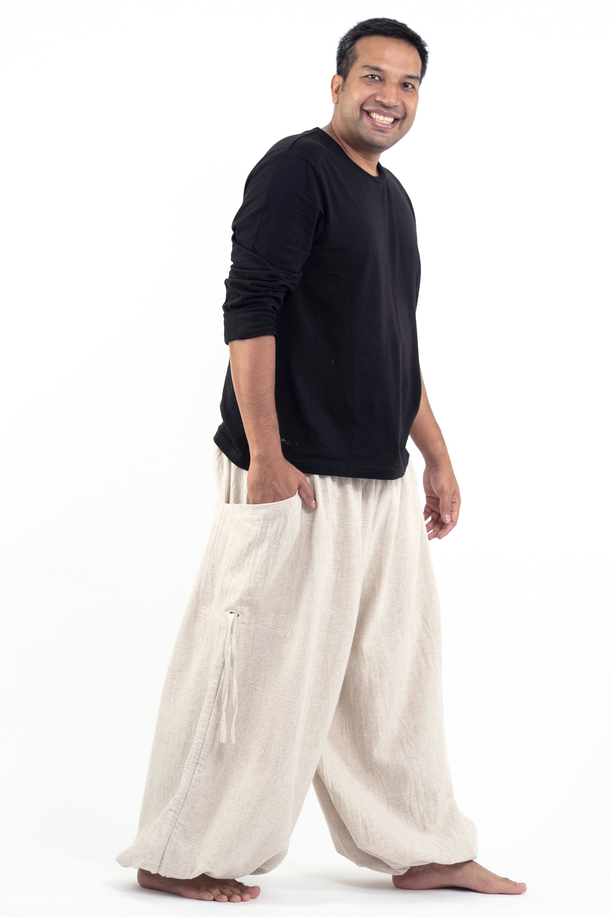 Plus Size Men's Ribbed Hemp Cotton Linen Blend Pants in Natural
