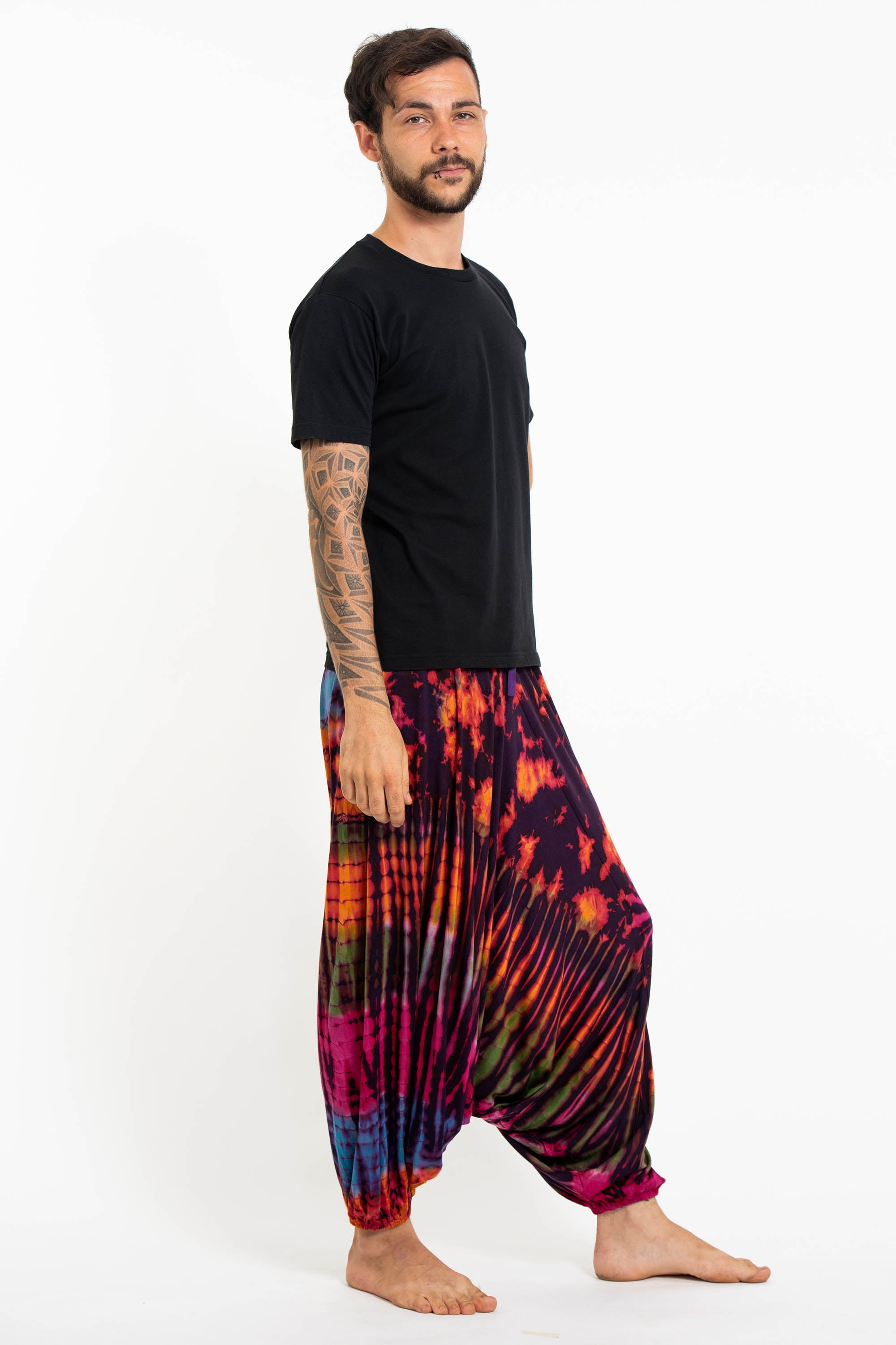 Soft Flex Mens Tie Dye Low Cut Harem Pants in in Purple