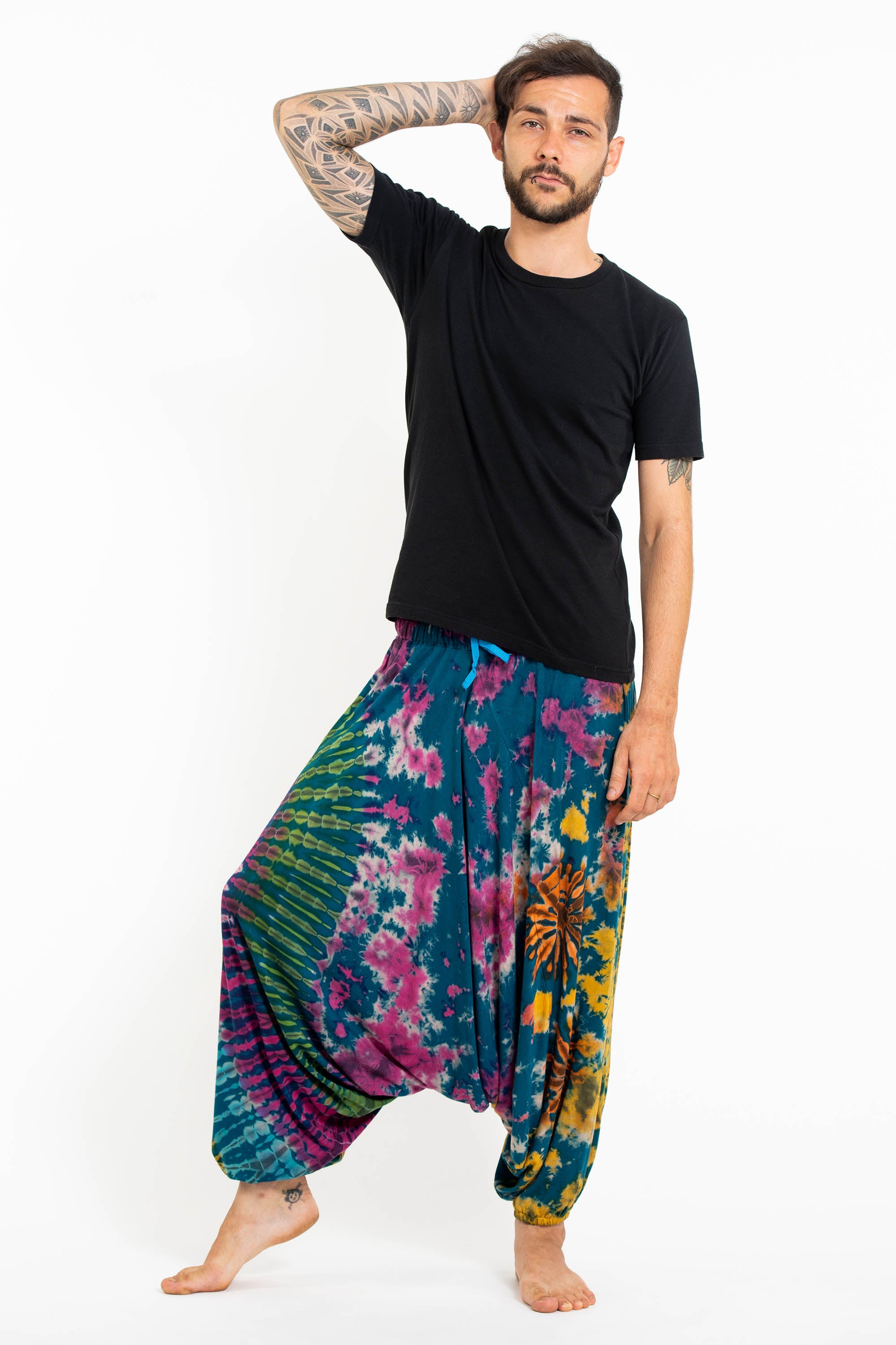 Soft Flex Mens Tie Dye Low Cut Harem Pants in Blue
