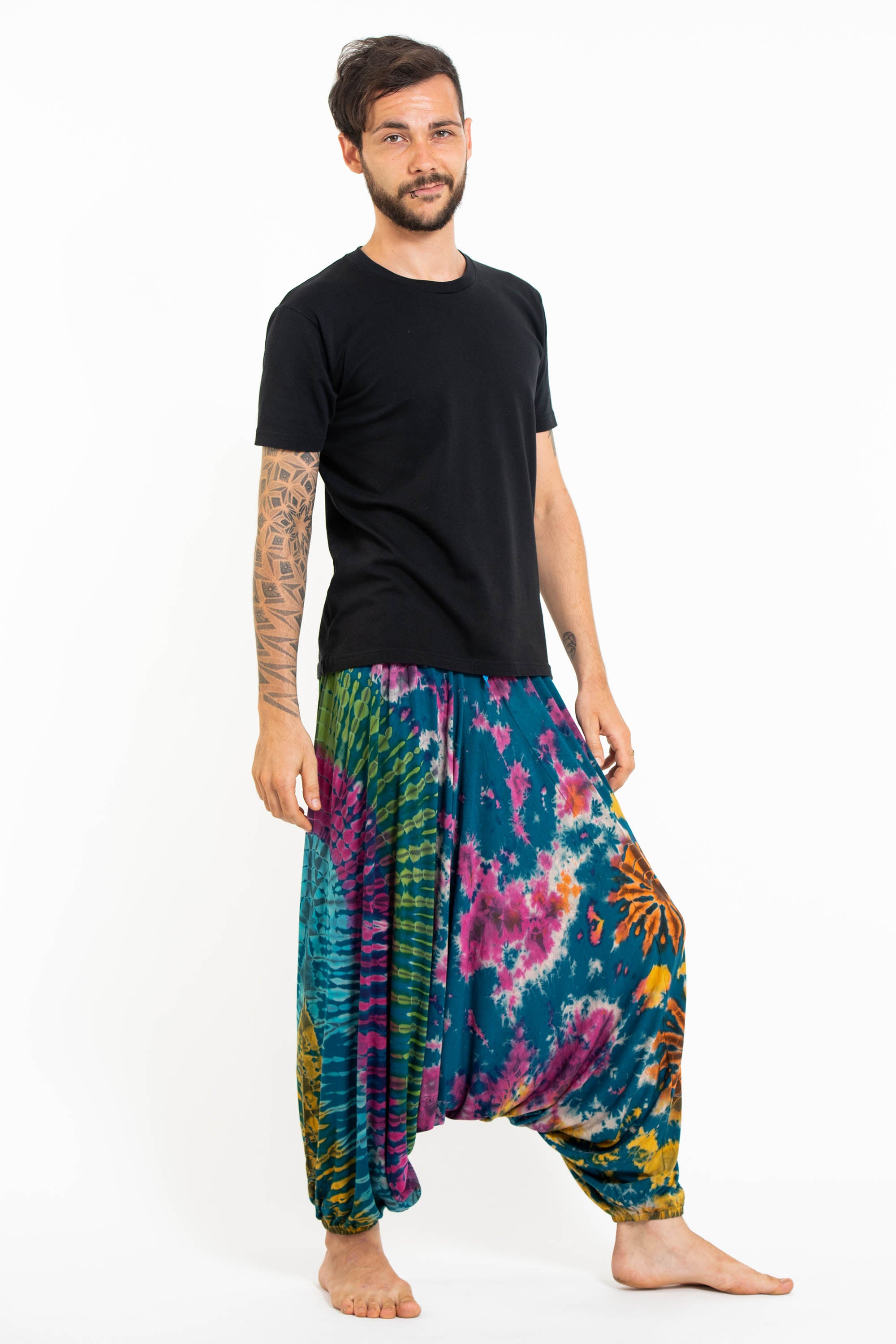Soft Flex Mens Tie Dye Low Cut Harem Pants in Blue