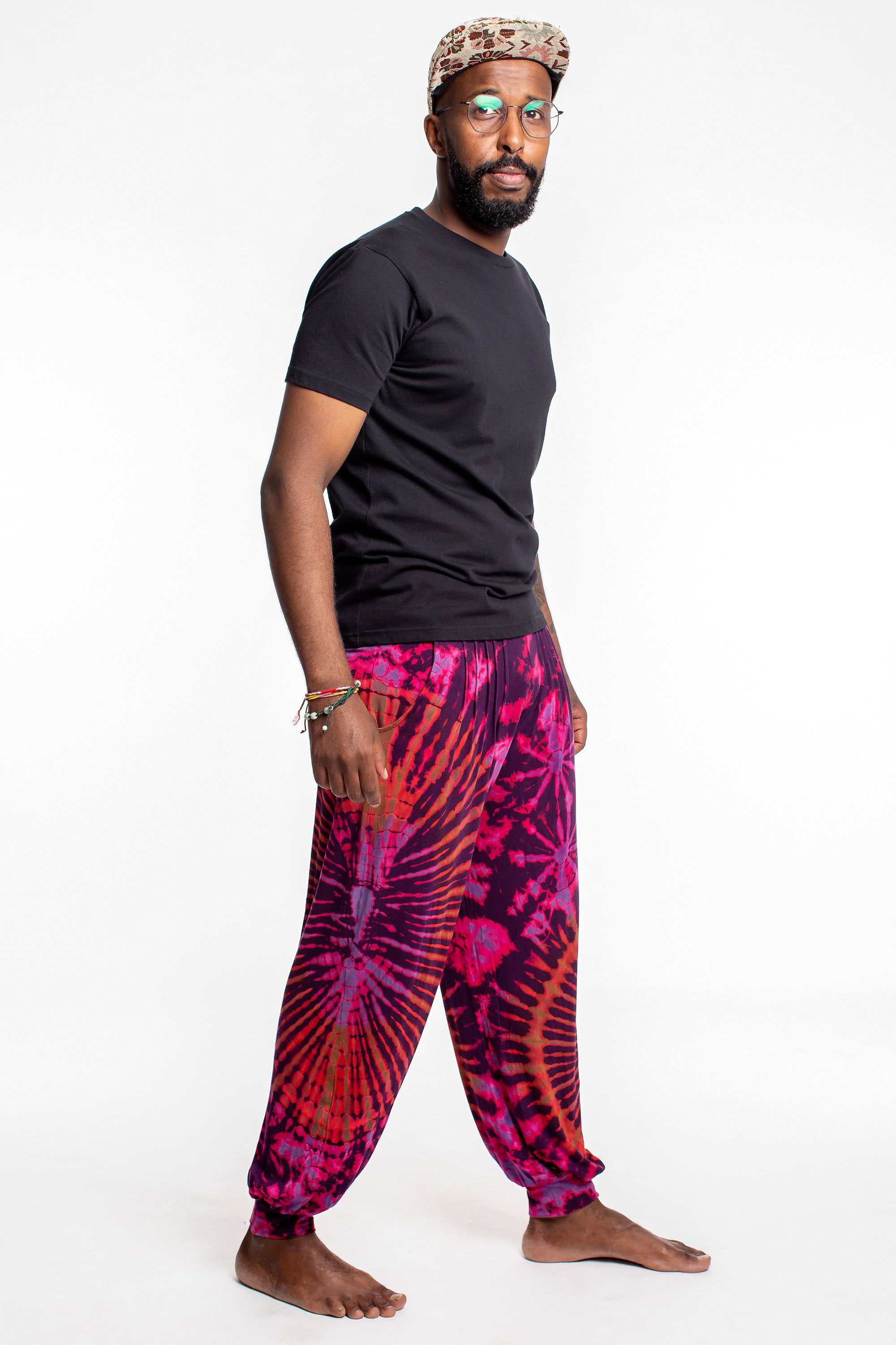 Soft Flex Mens Tie Dye Harem Pants in Magenta