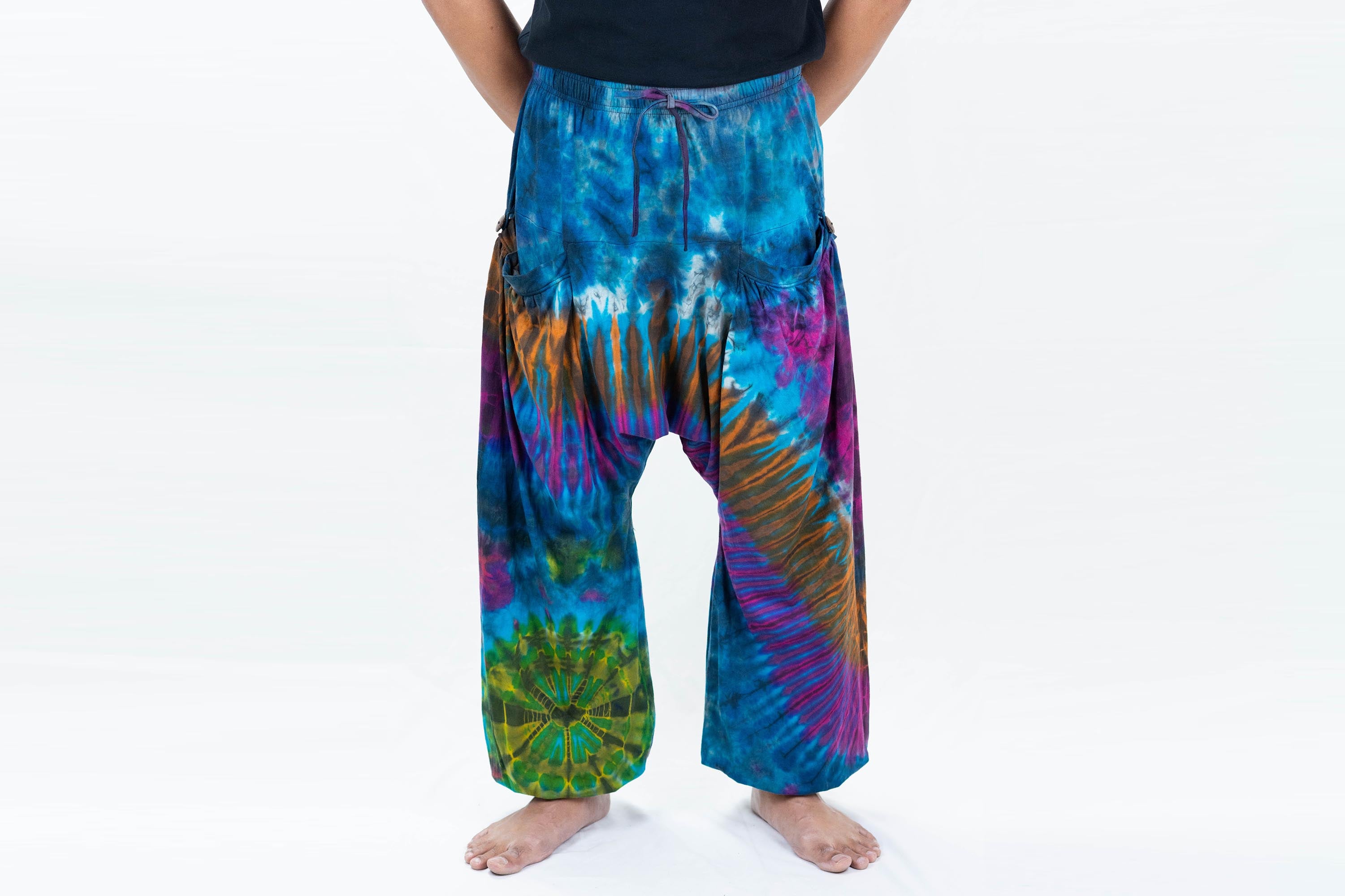 Tie Dye Cotton Men Harem Pants in Blue Magenta