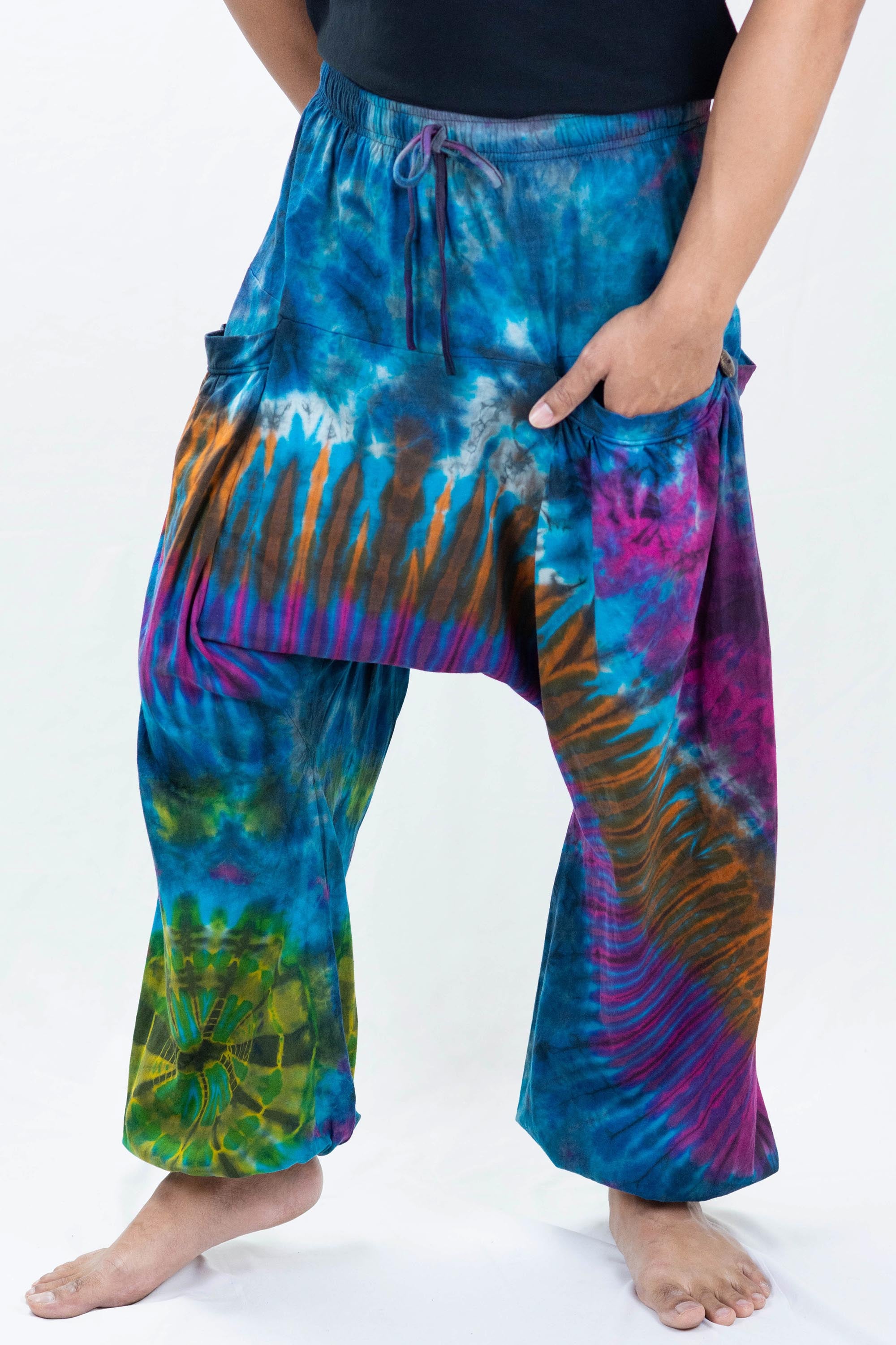 Tie Dye Cotton Men Harem Pants in Blue Magenta