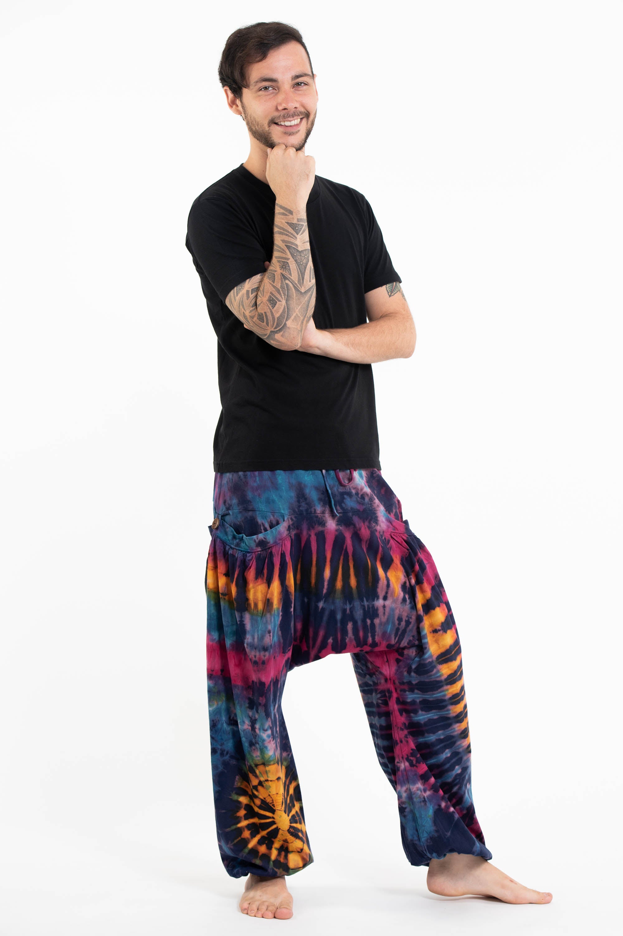 Tie Dye Cotton Men Harem Pants in Blue Pink