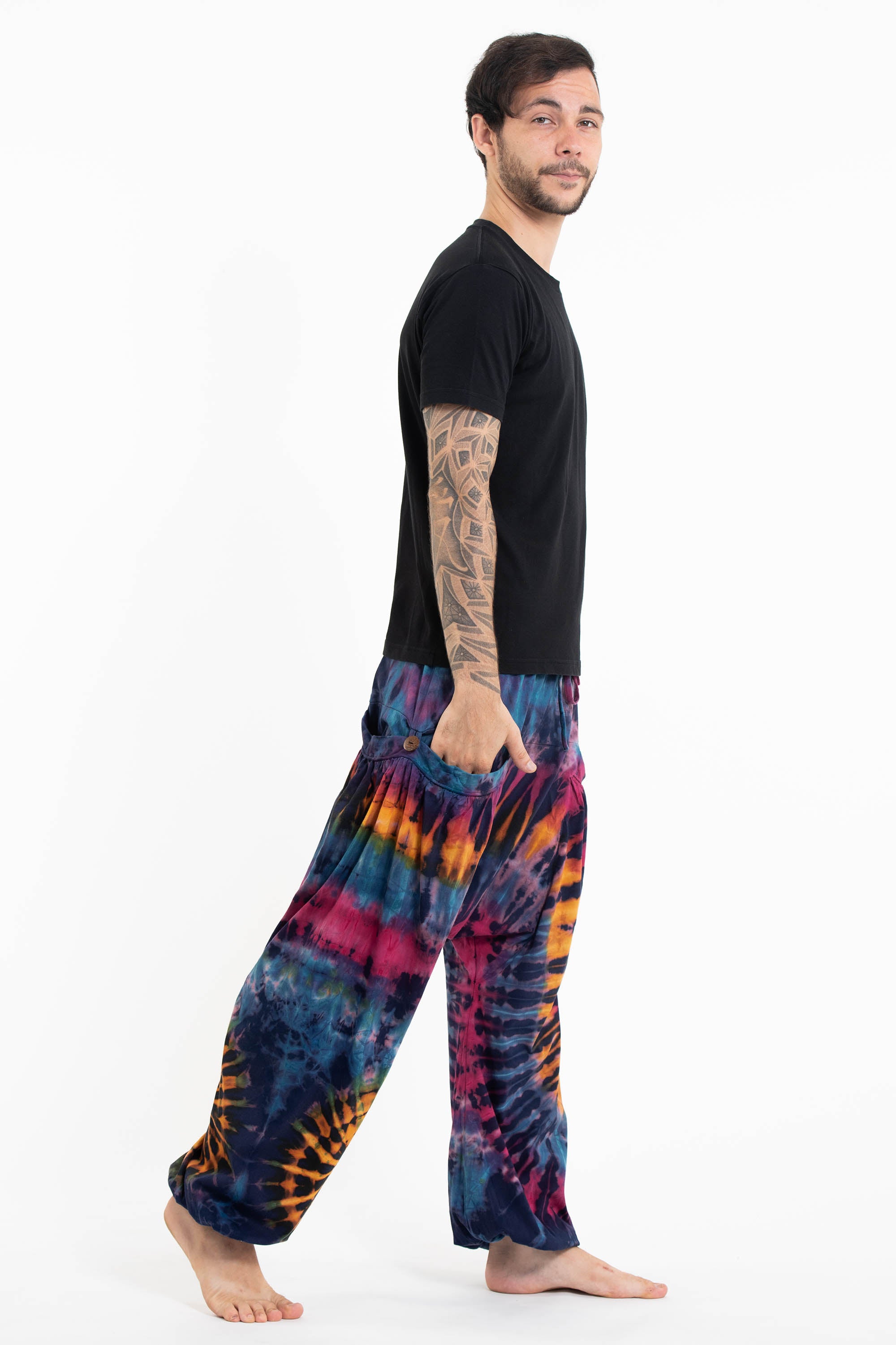Tie Dye Cotton Men Harem Pants in Blue Pink