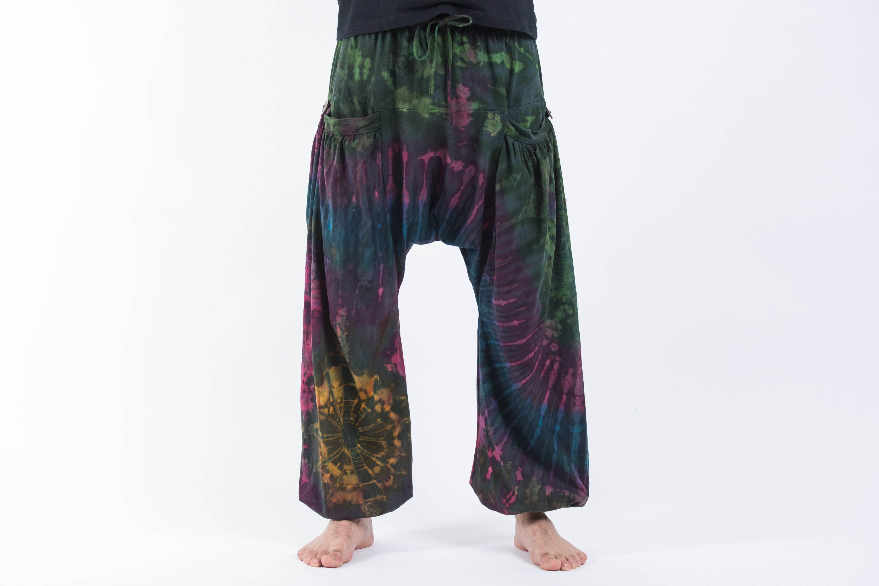Tie Dye Cotton Men Harem Pants in Green Indigo