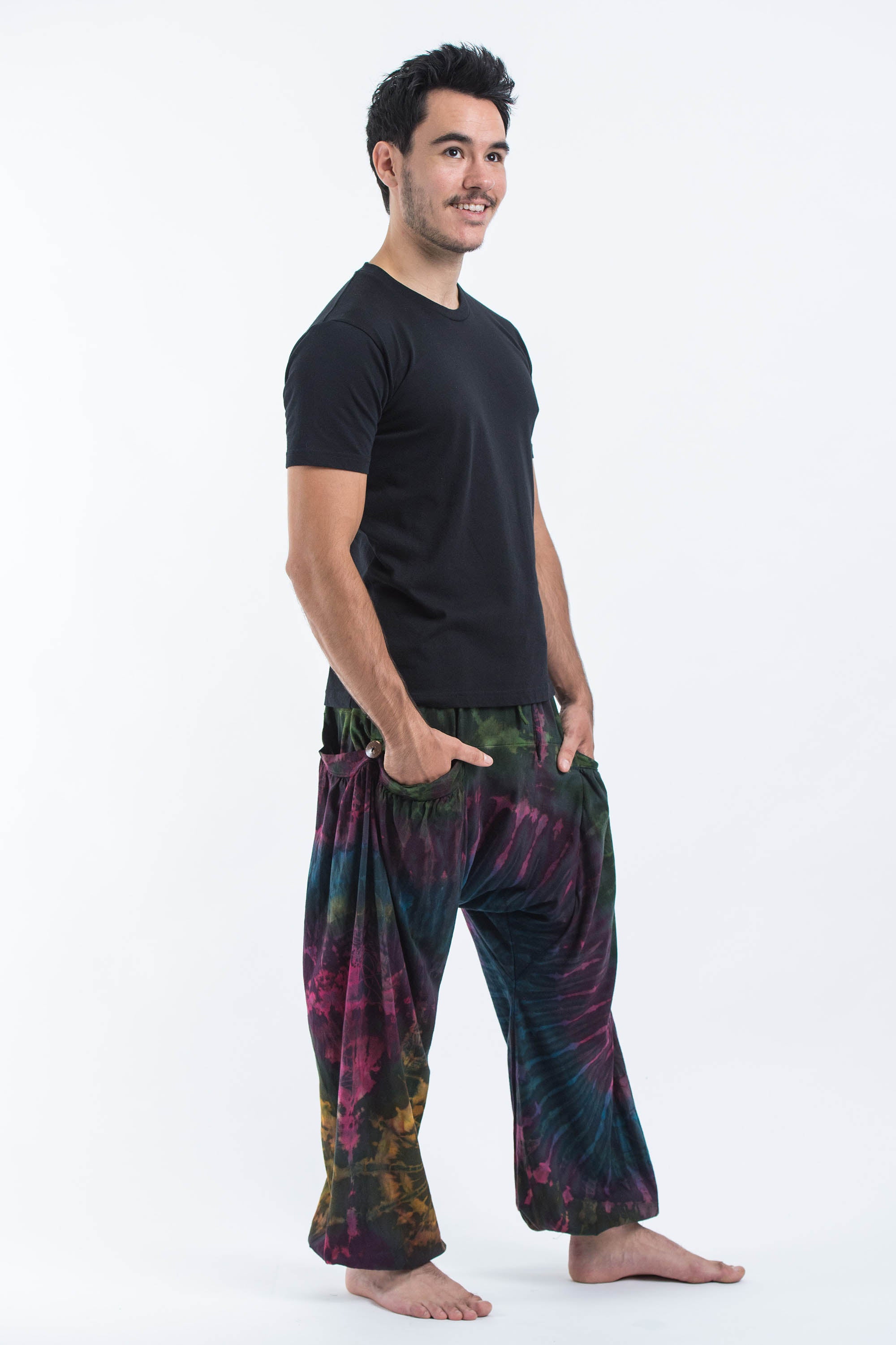 Tie Dye Cotton Men Harem Pants in Green Indigo