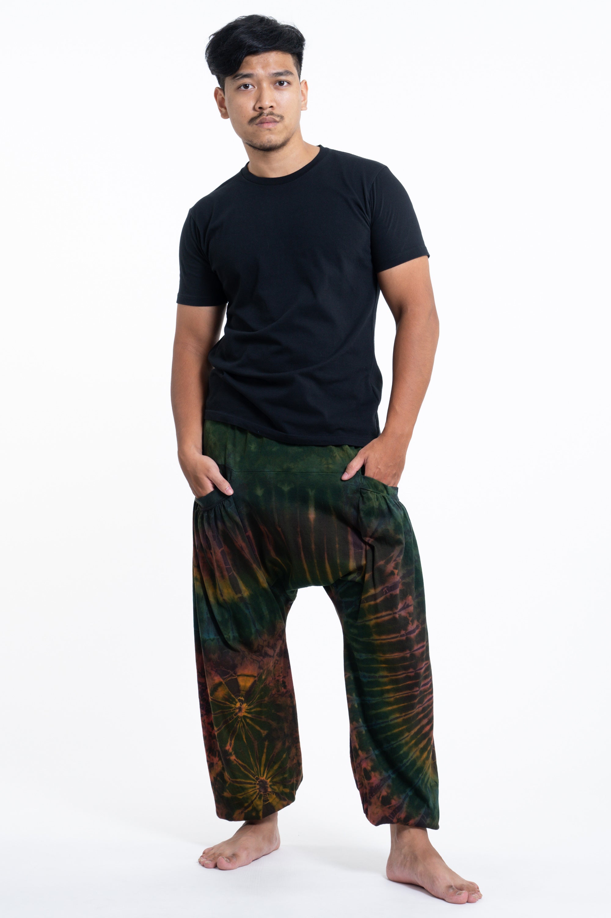 Tie Dye Cotton Men Harem Pants in Green Maroon