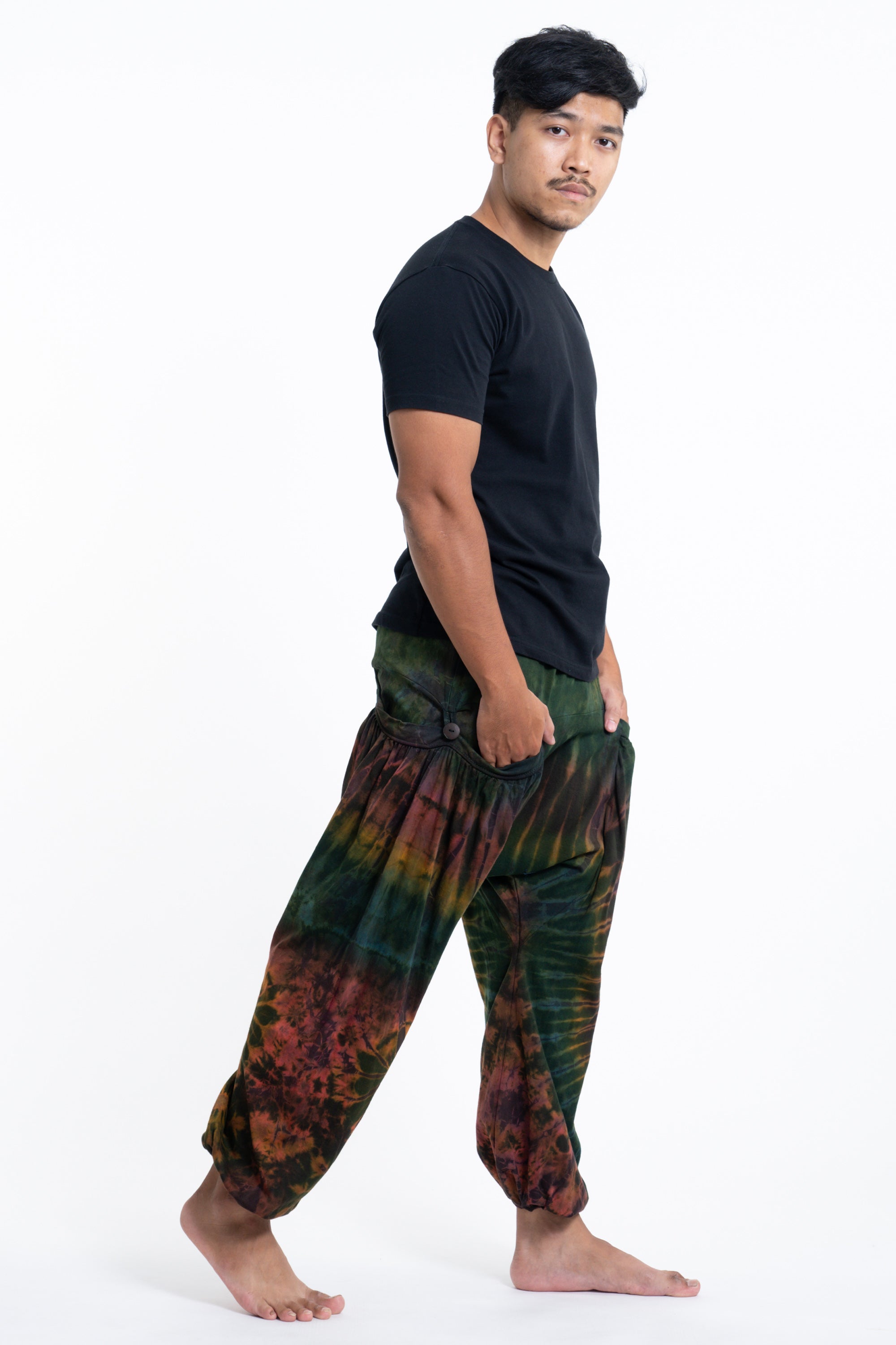 Tie Dye Cotton Men Harem Pants in Green Maroon