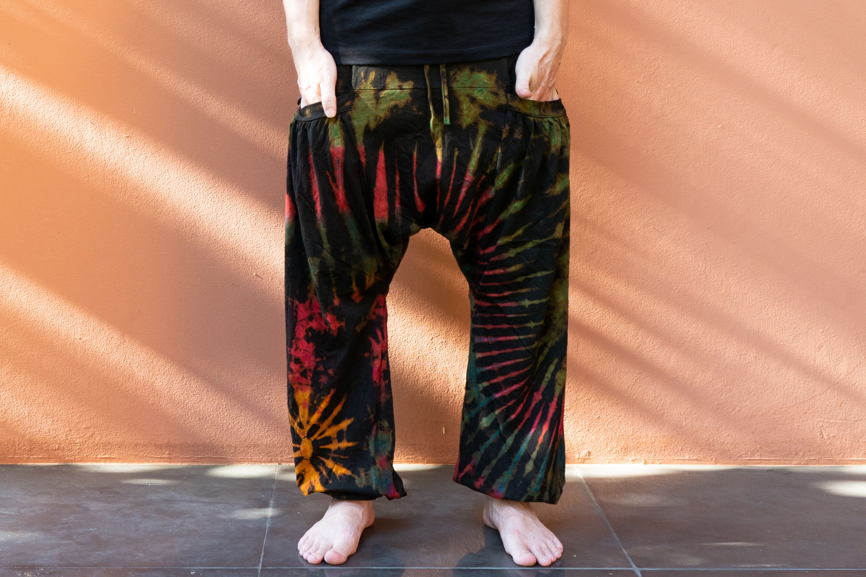 Tie Dye Cotton Men Harem Pants in Magenta Brown
