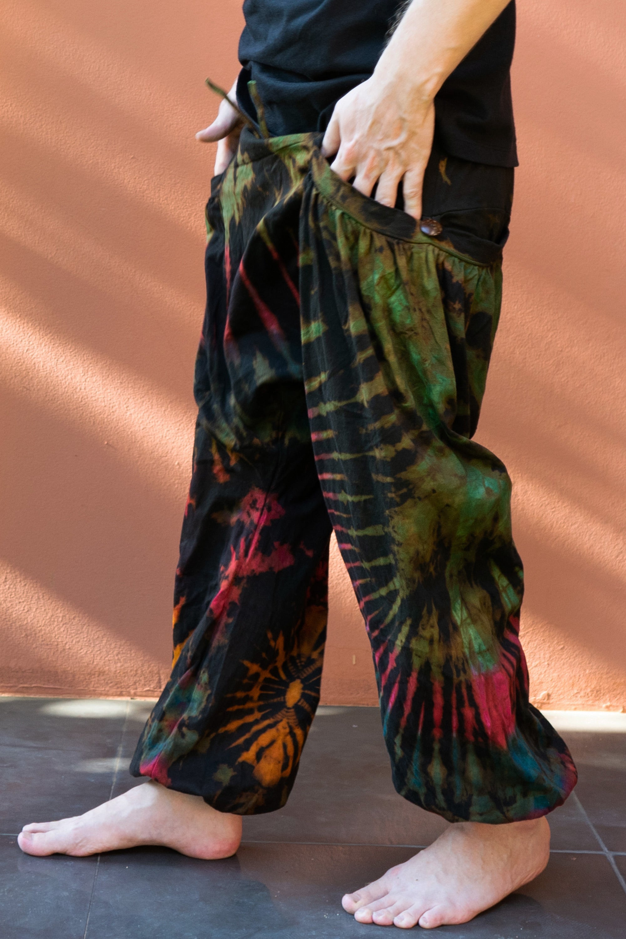 Tie Dye Cotton Men Harem Pants in Magenta Brown