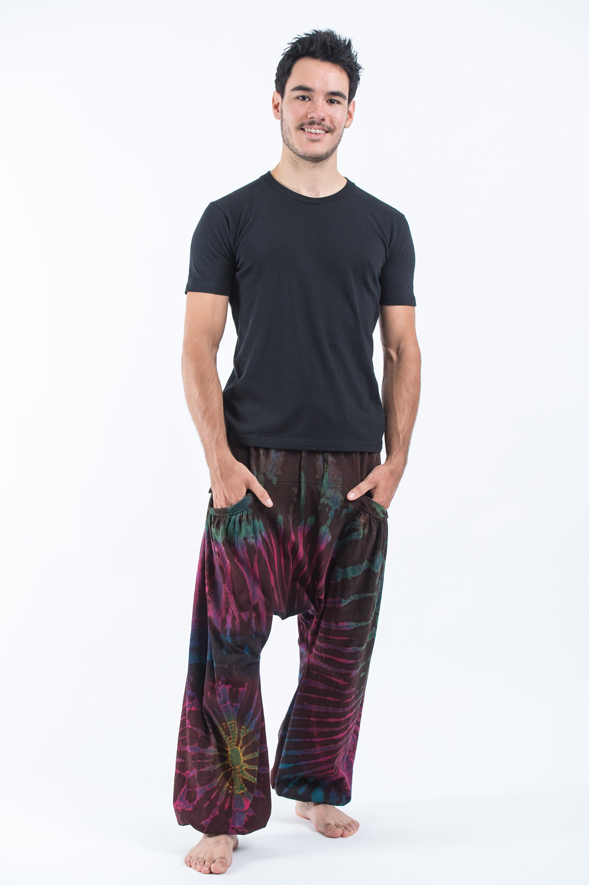 Tie Dye Cotton Men Harem Pants in Maroon Brown