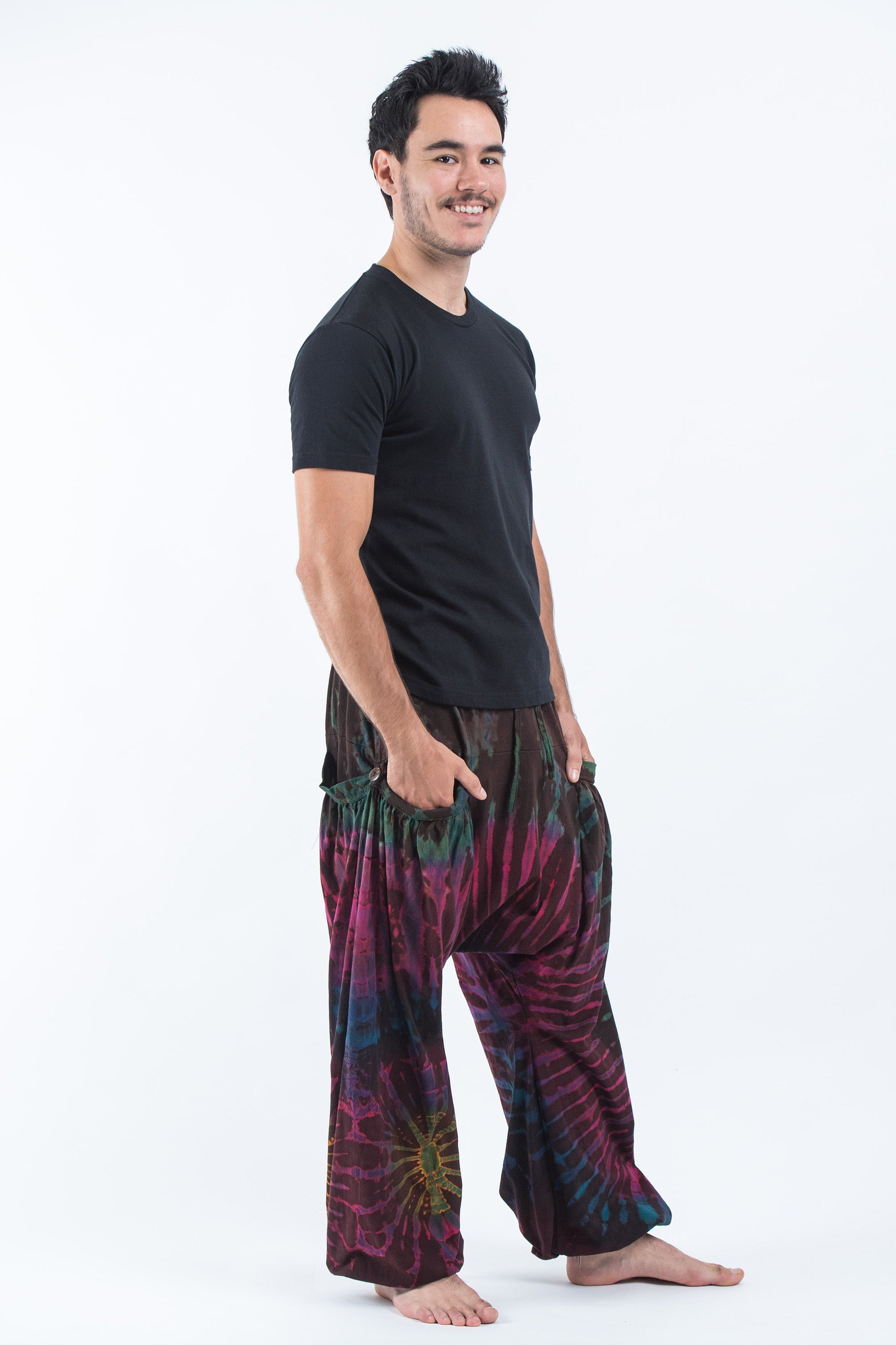 Tie Dye Cotton Men Harem Pants in Maroon Brown