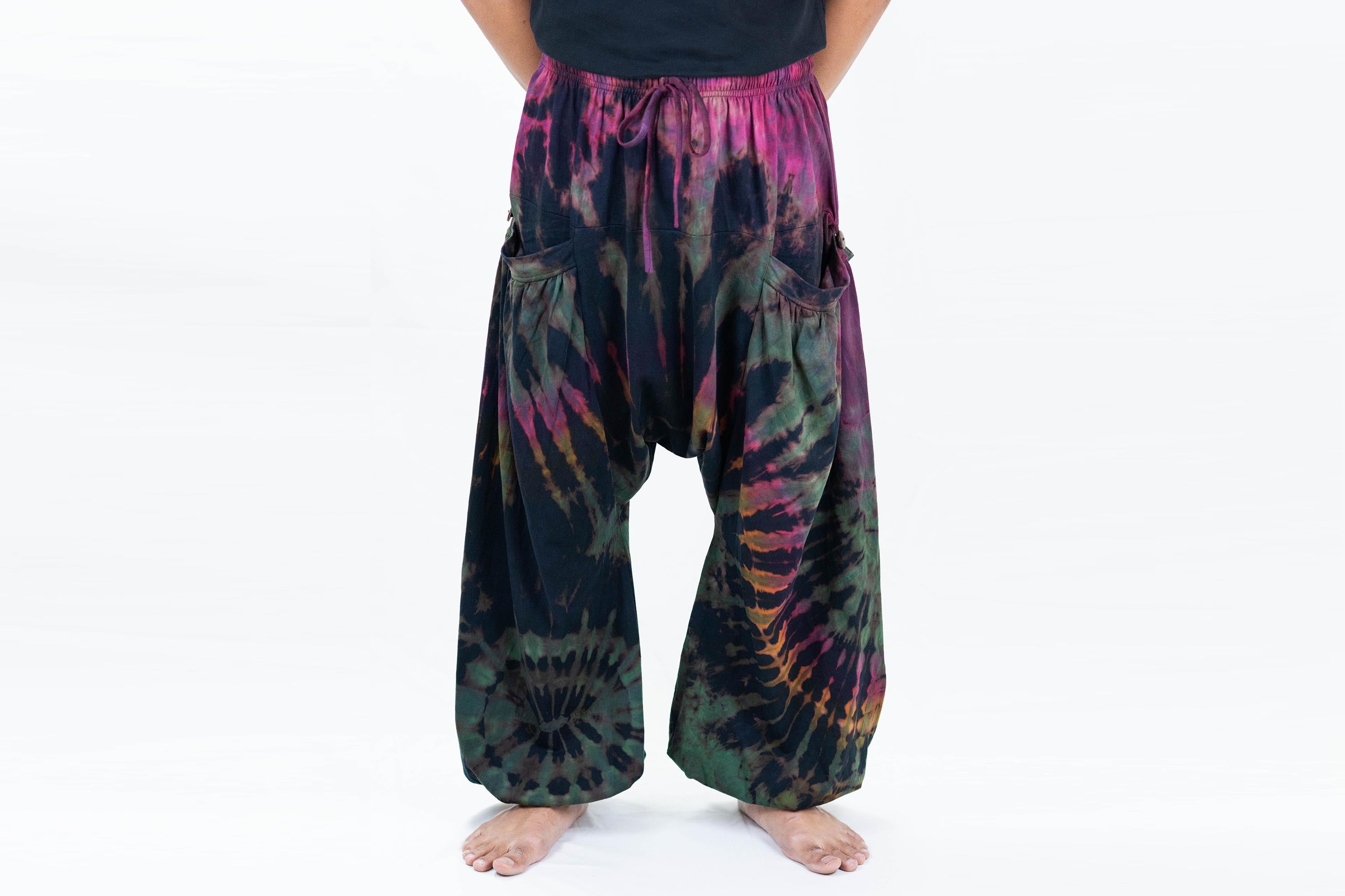 Tie Dye Cotton Men Harem Pants in Navy Green