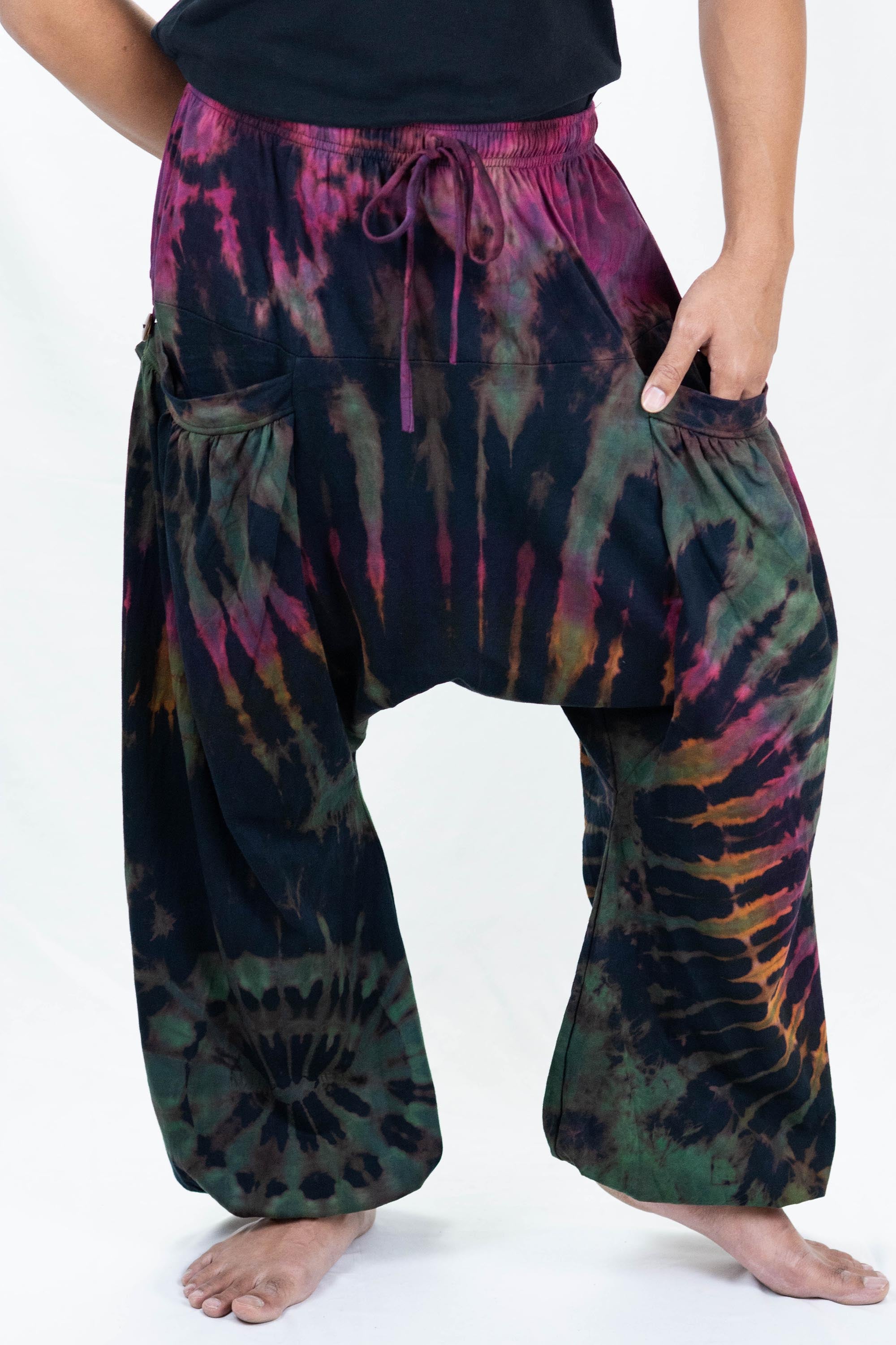 Tie Dye Cotton Men Harem Pants in Navy Green