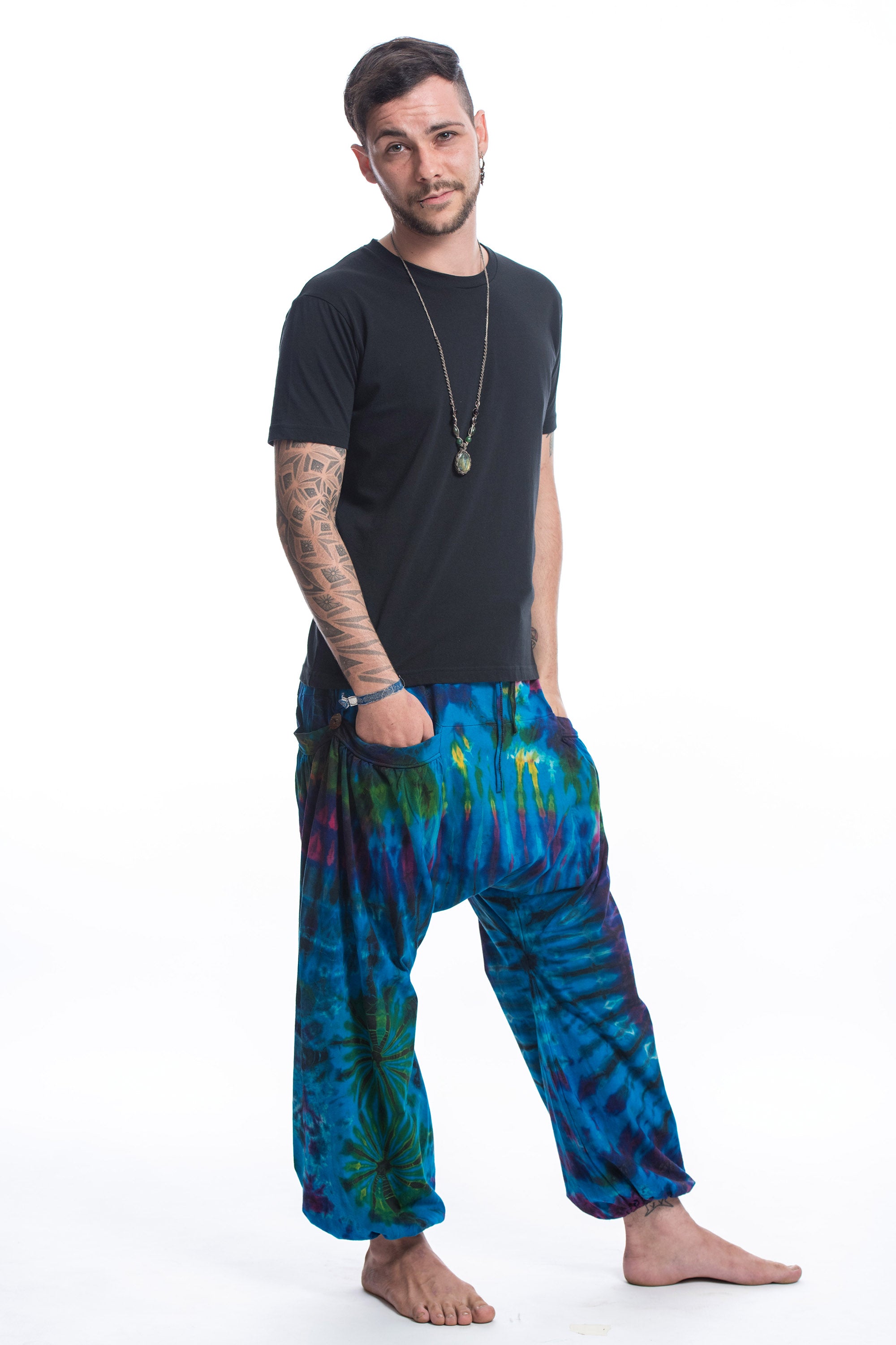 Tie Dye Cotton Men Harem Pants in Ocean Blue