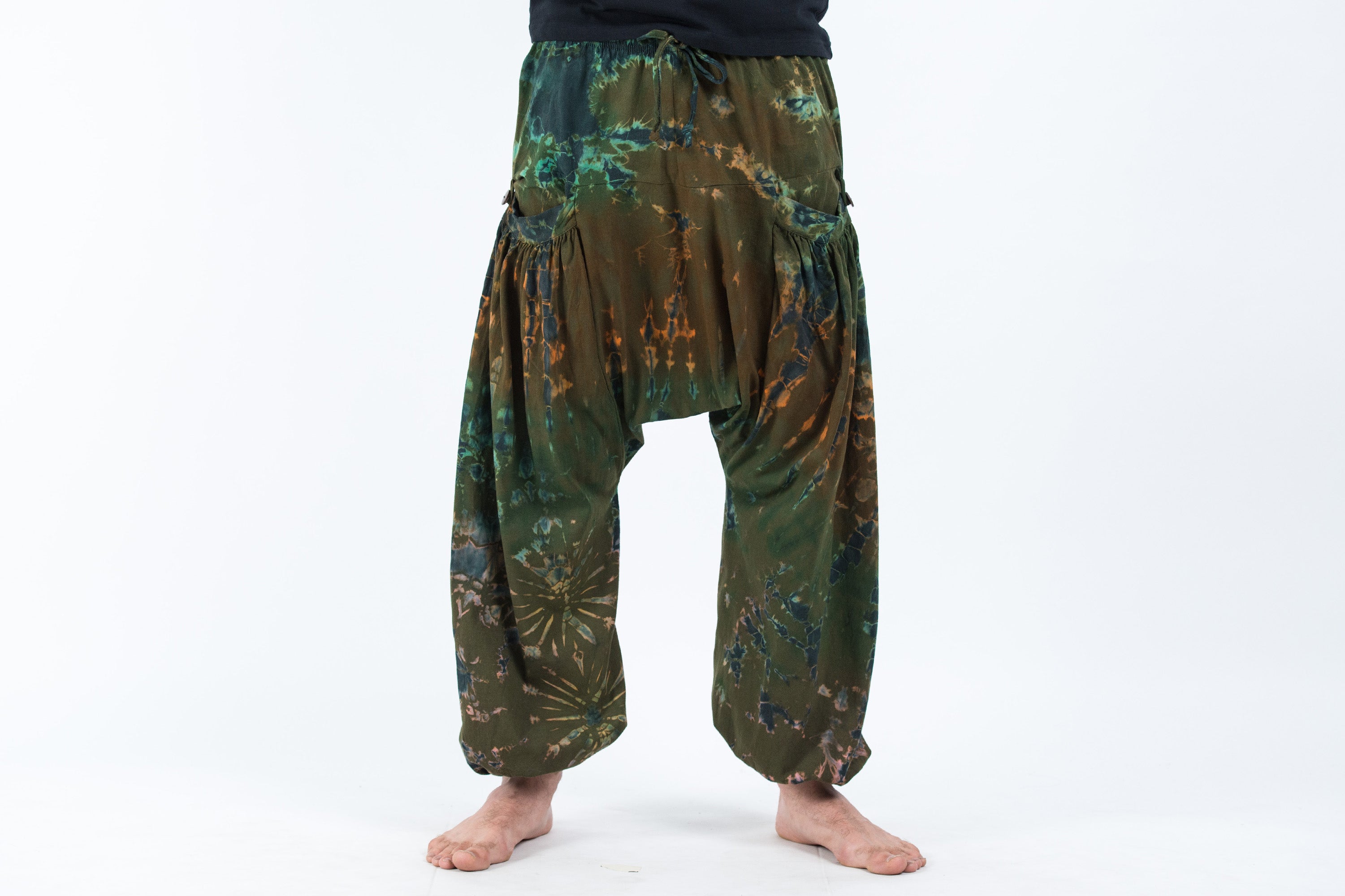 Tie Dye Cotton Men Harem Pants in Olive