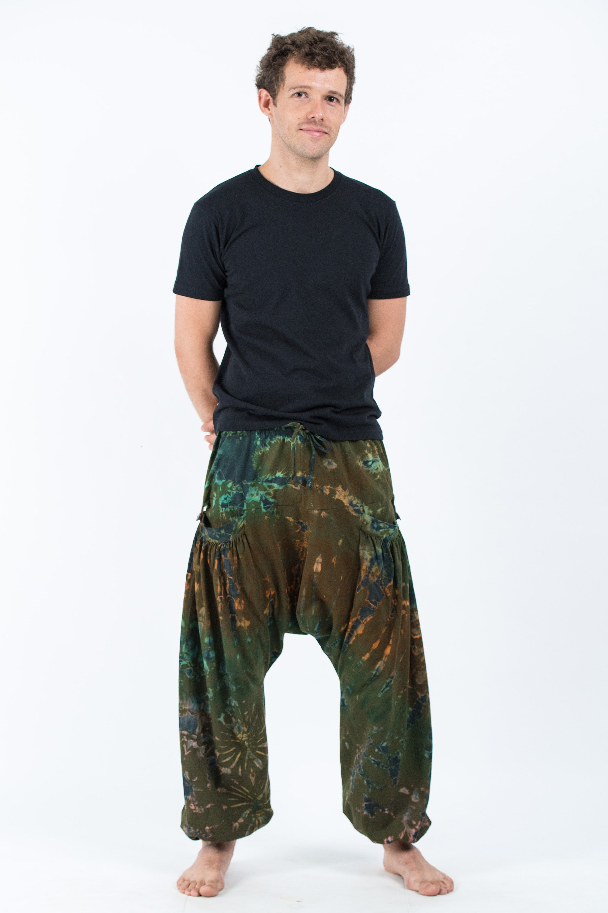 Tie Dye Cotton Men Harem Pants in Olive