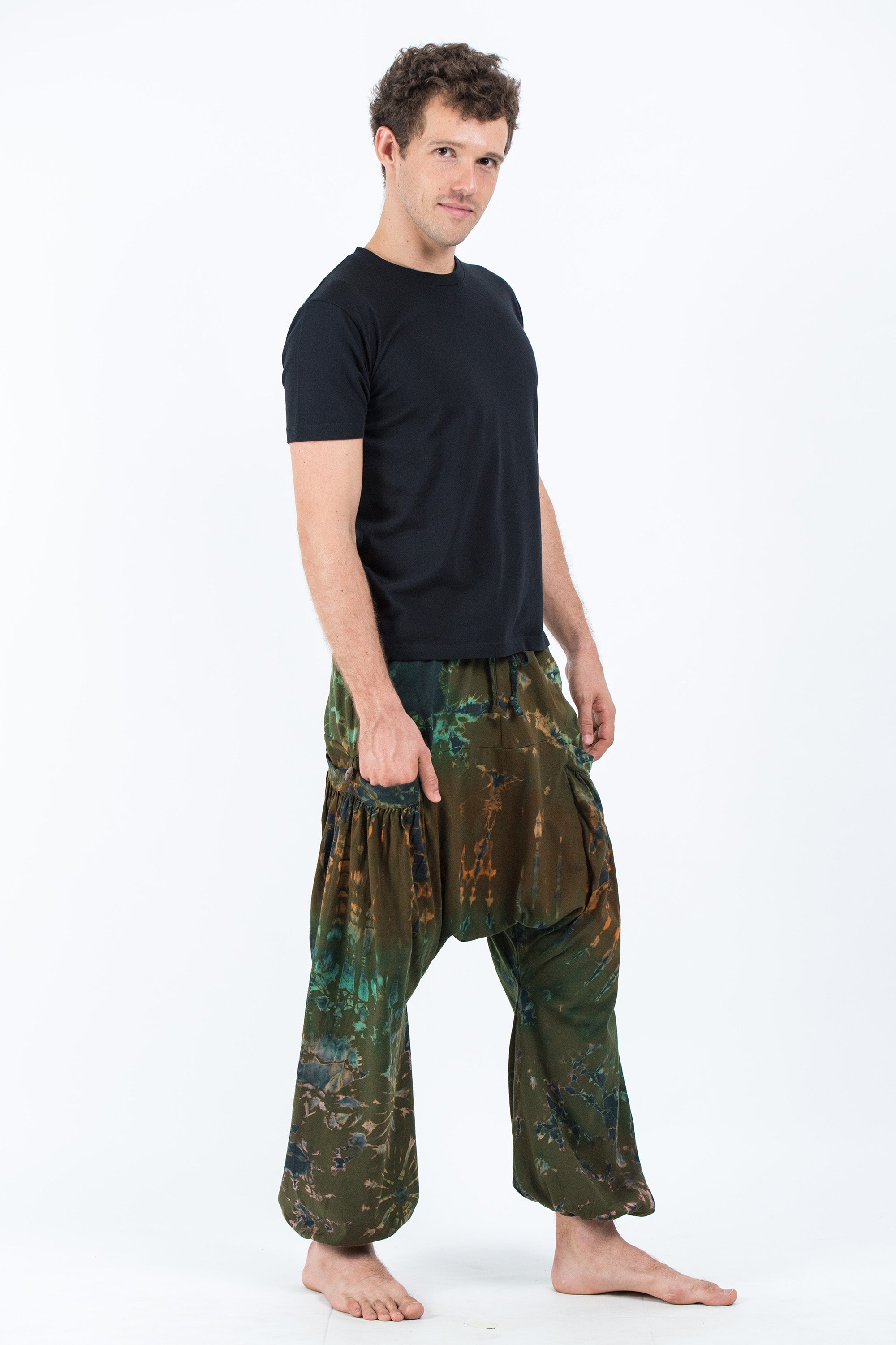 Tie Dye Cotton Men Harem Pants in Olive