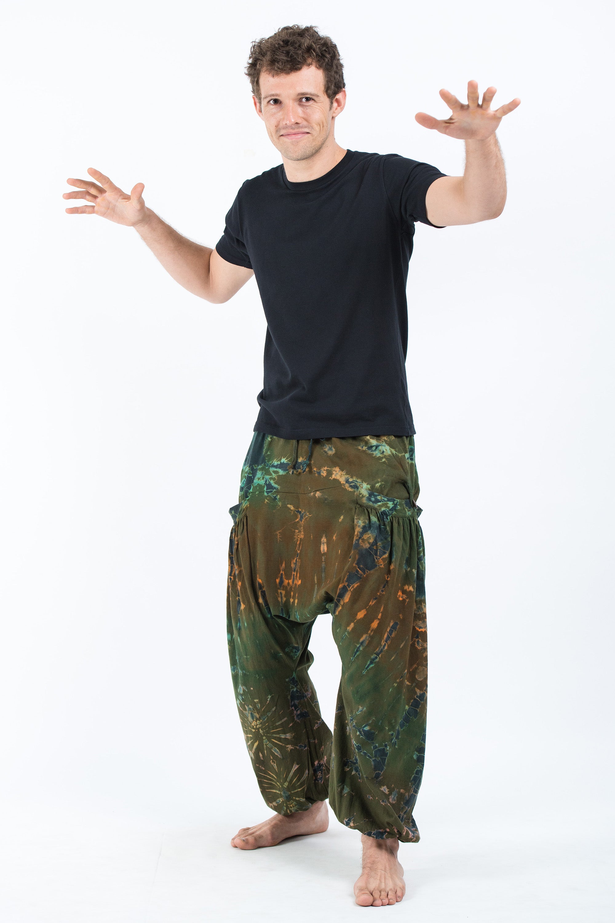 Tie Dye Cotton Men Harem Pants in Olive
