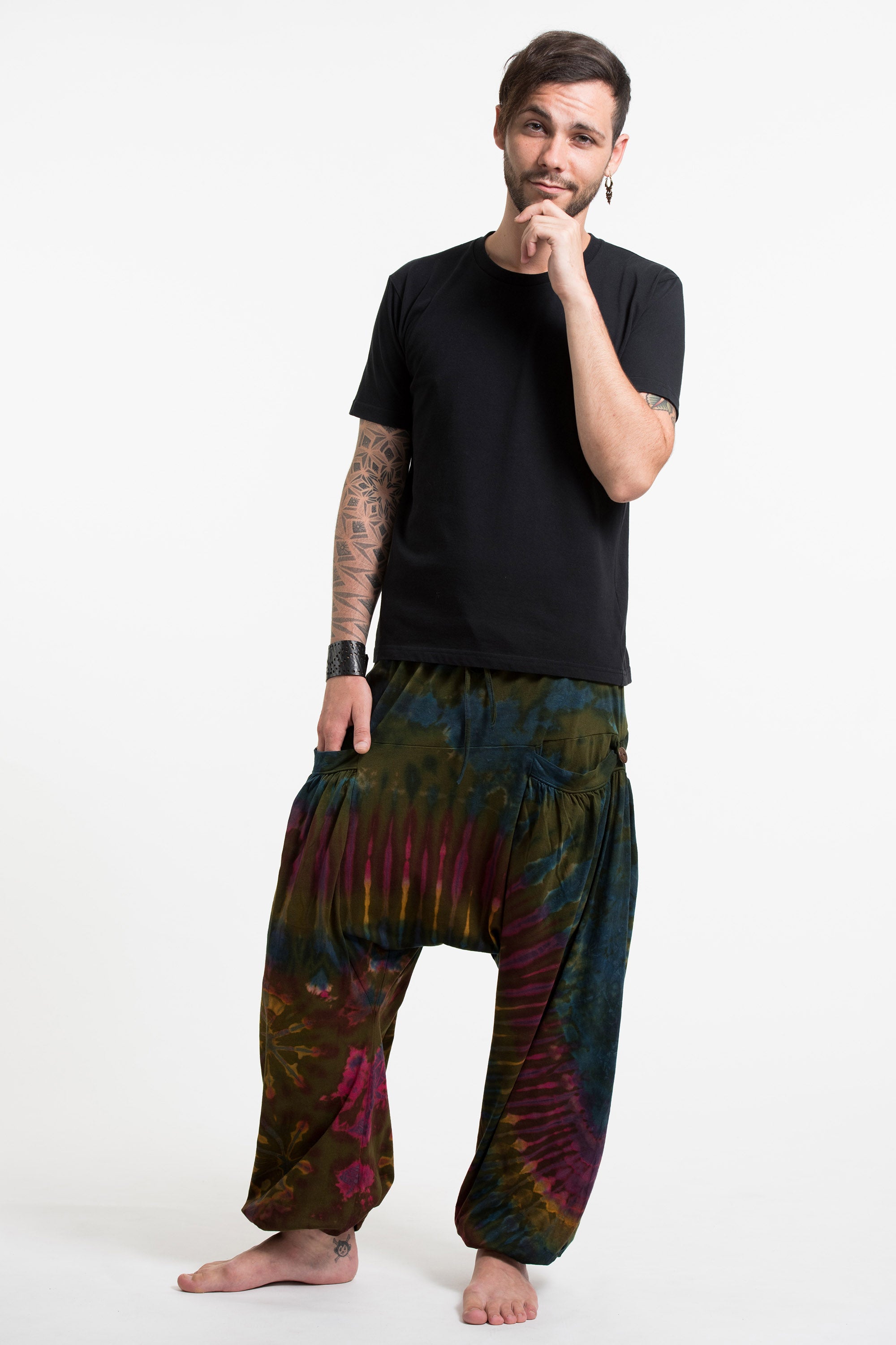 Tie Dye Cotton Men Harem Pants in Olive Blue