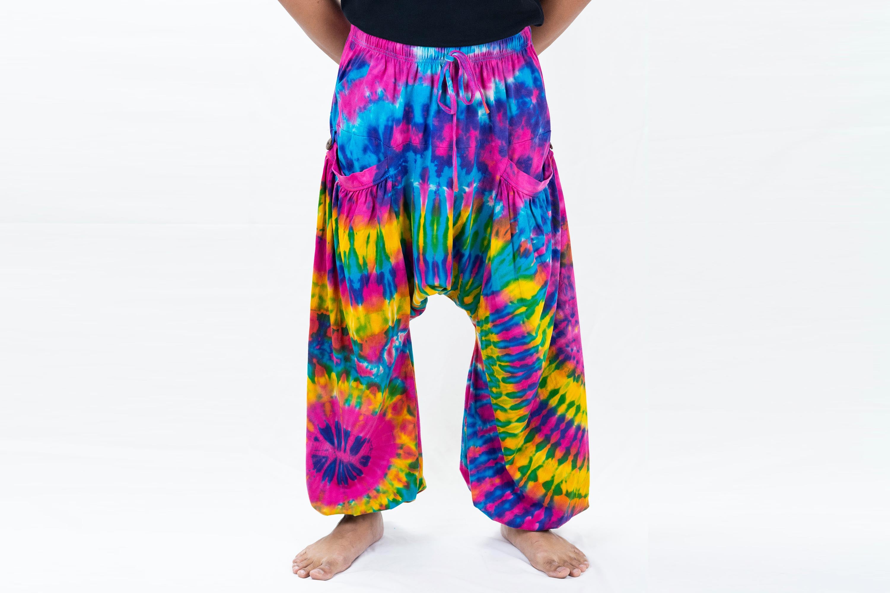 Tie Dye Cotton Men Harem Pants in Pink Turquoise