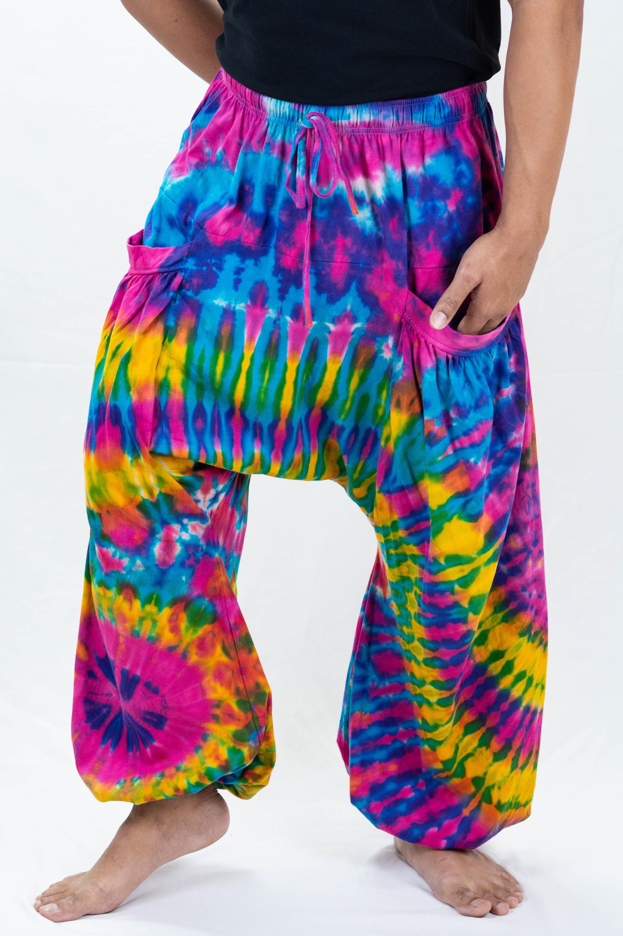 Tie Dye Cotton Men Harem Pants in Pink Turquoise