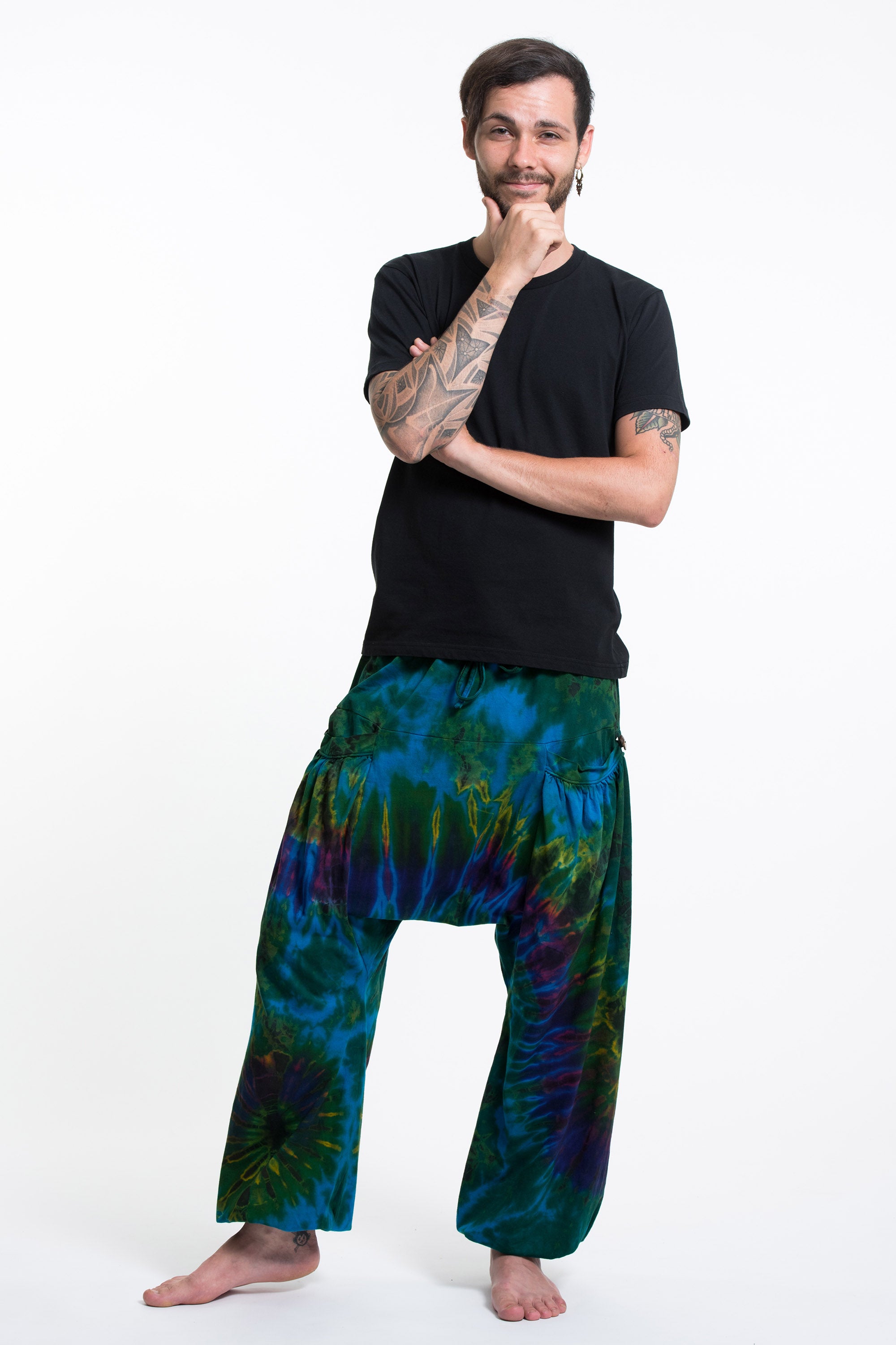 Tie Dye Cotton Men Harem Pants in Turquoise