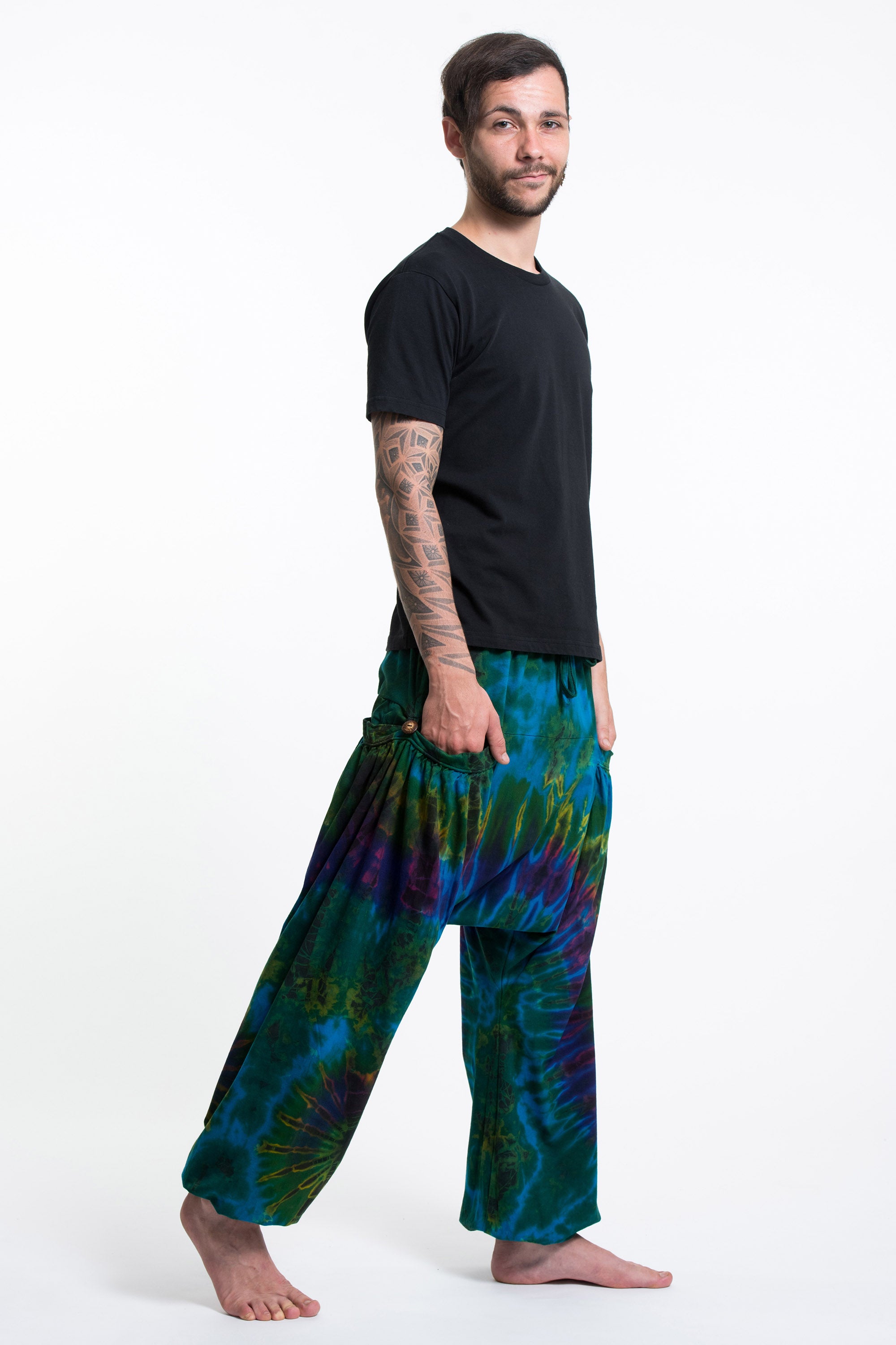 Tie Dye Cotton Men Harem Pants in Turquoise
