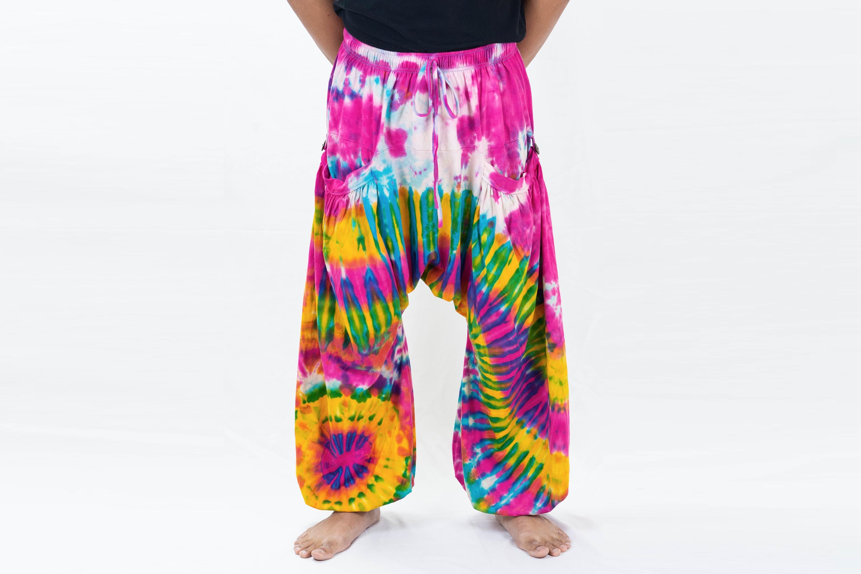 Tie Dye Cotton Men Harem Pants in Yellow Pink