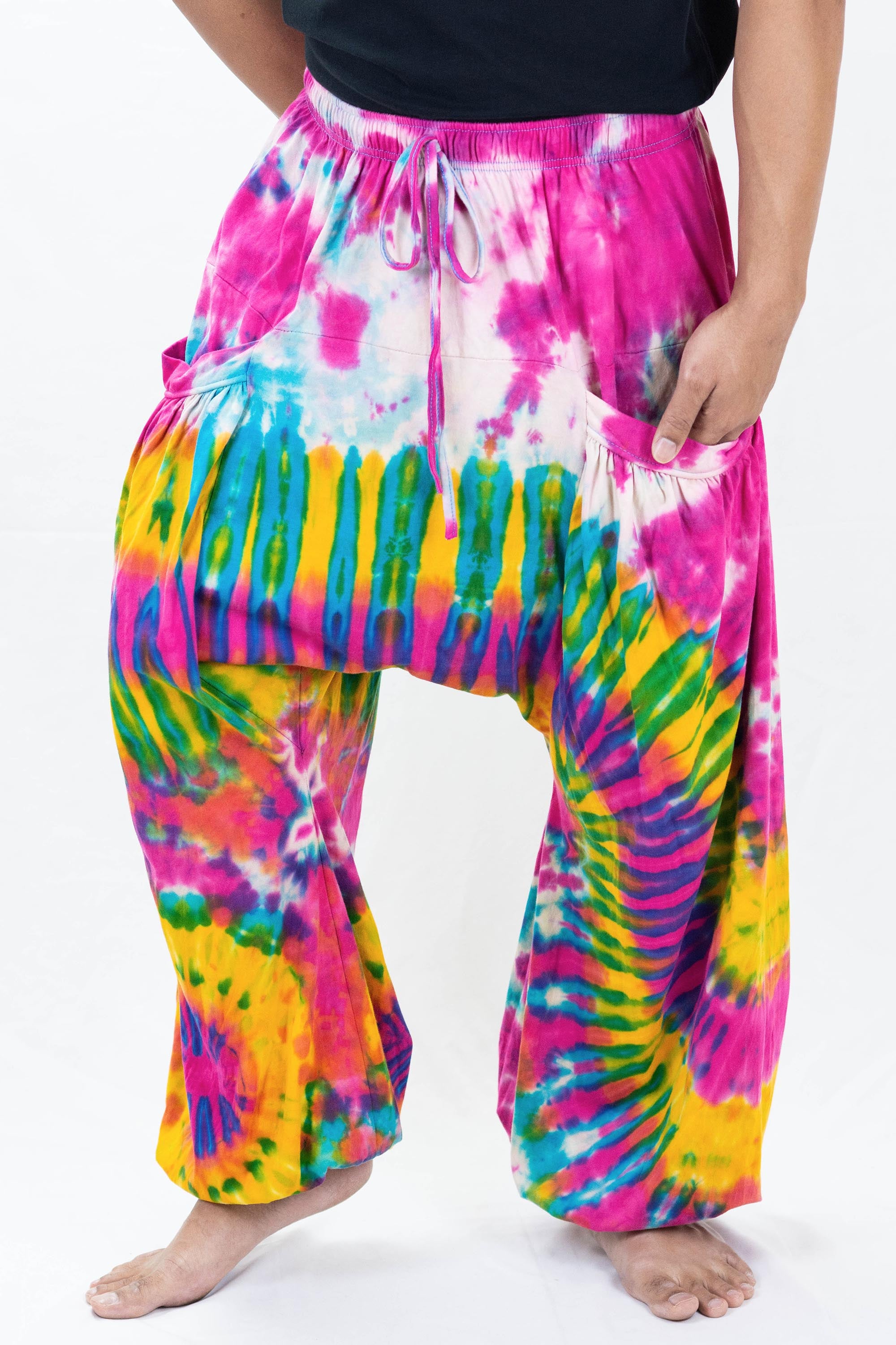 Tie Dye Cotton Men Harem Pants in Yellow Pink