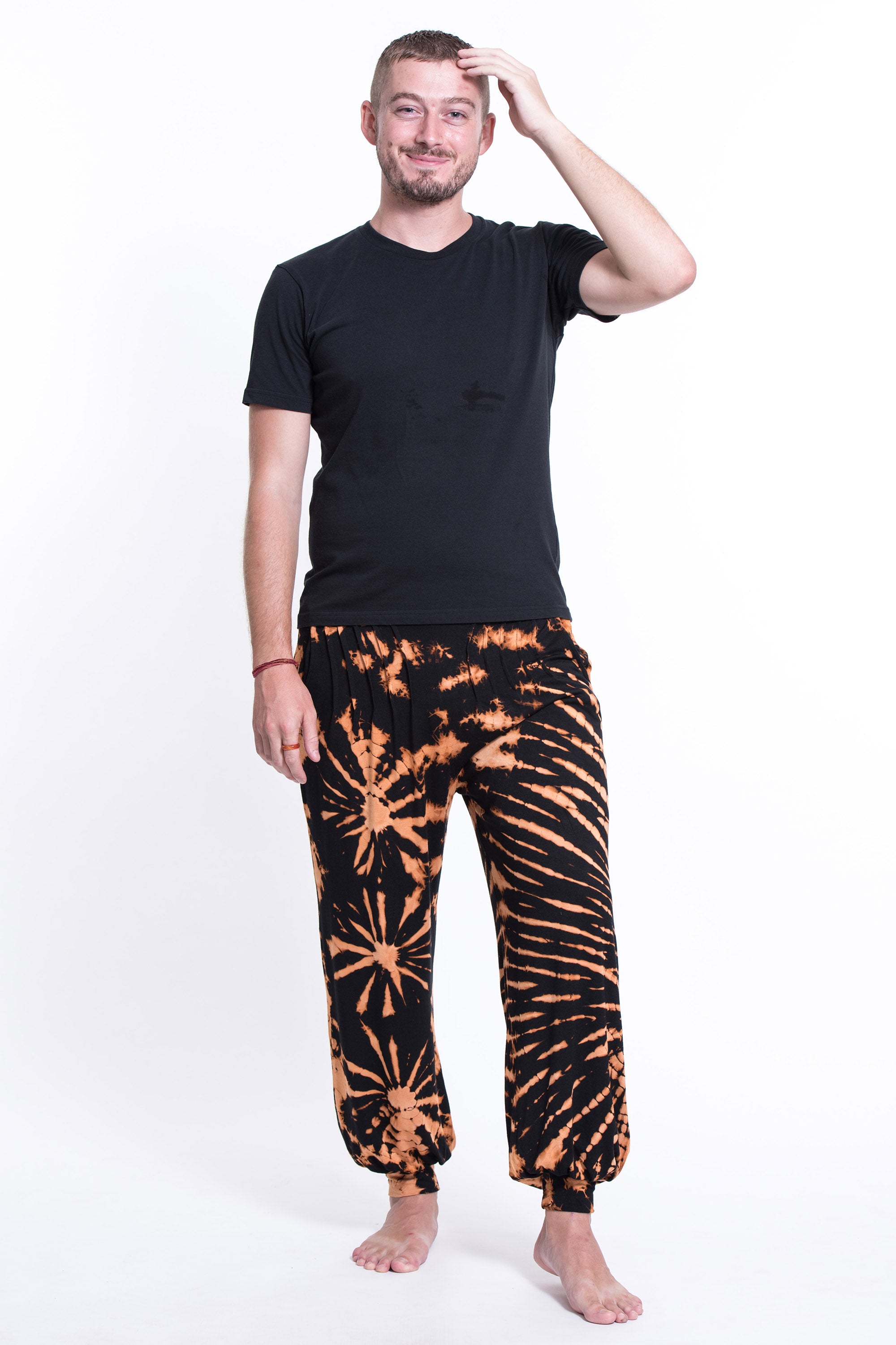 Soft Flex Mens Tie Dye Harem Pants in Black Orange