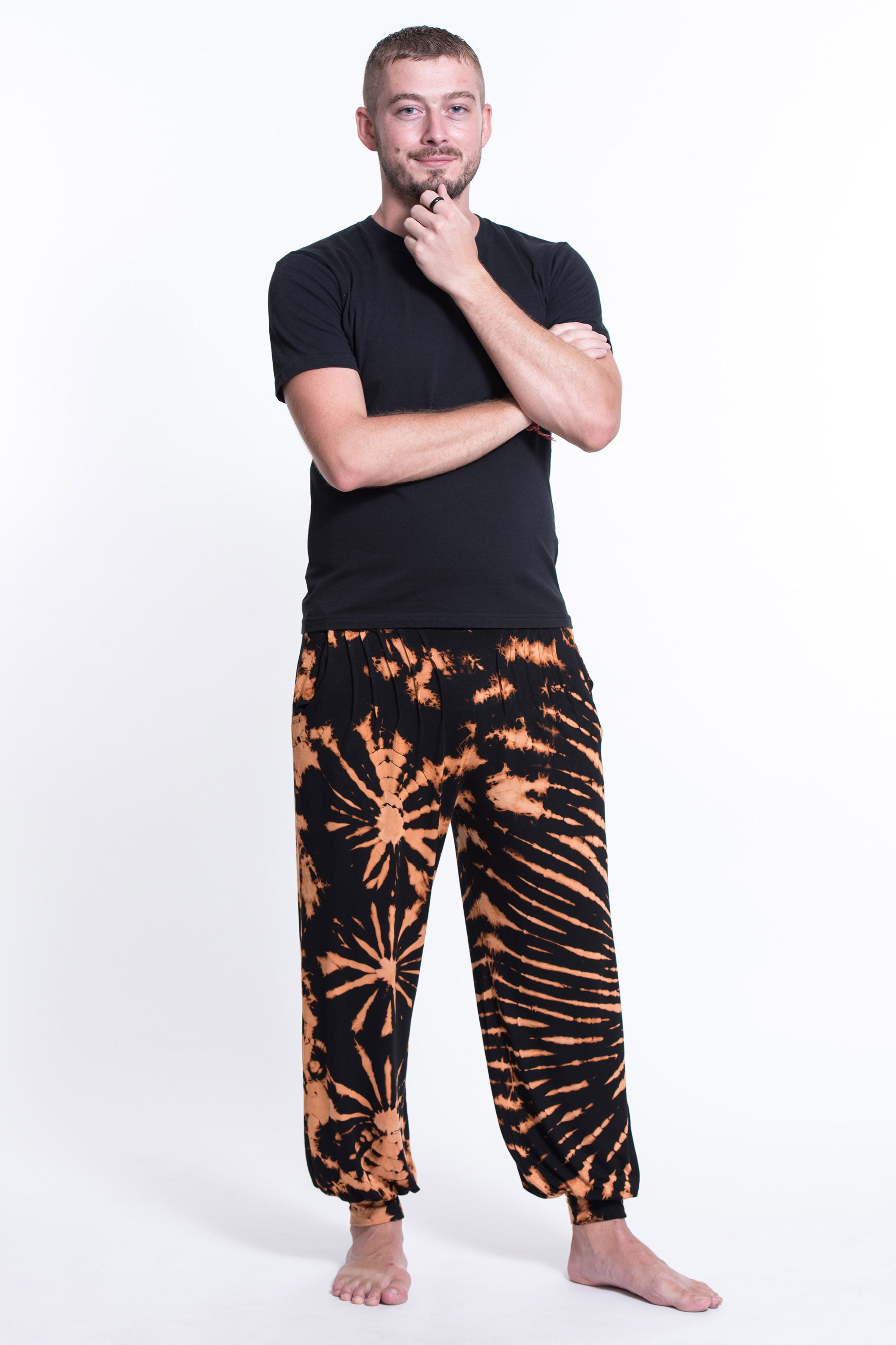 Soft Flex Mens Tie Dye Harem Pants in Black Orange