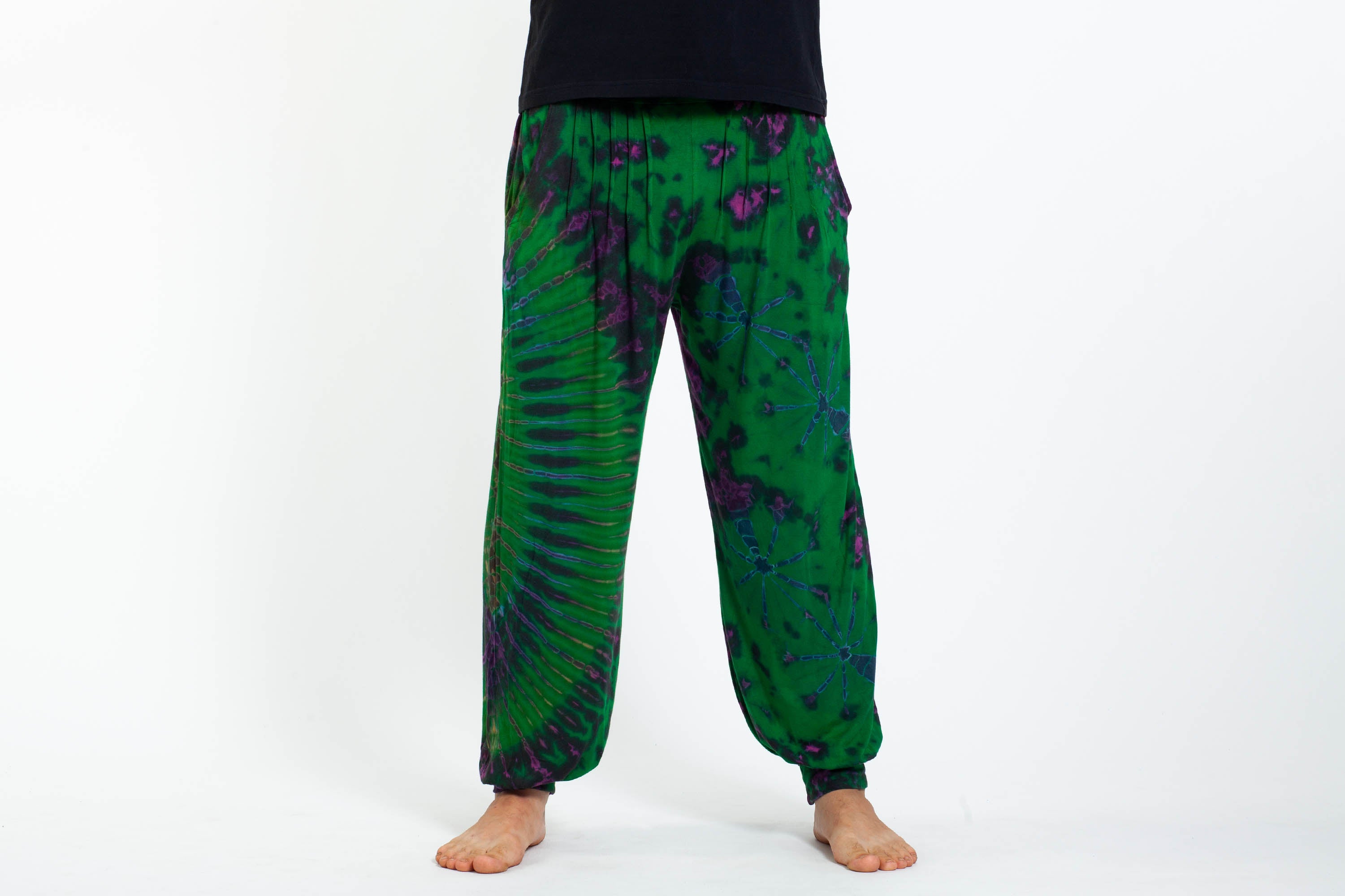 Soft Flex Mens Tie Dye Harem Pants in Green Purple