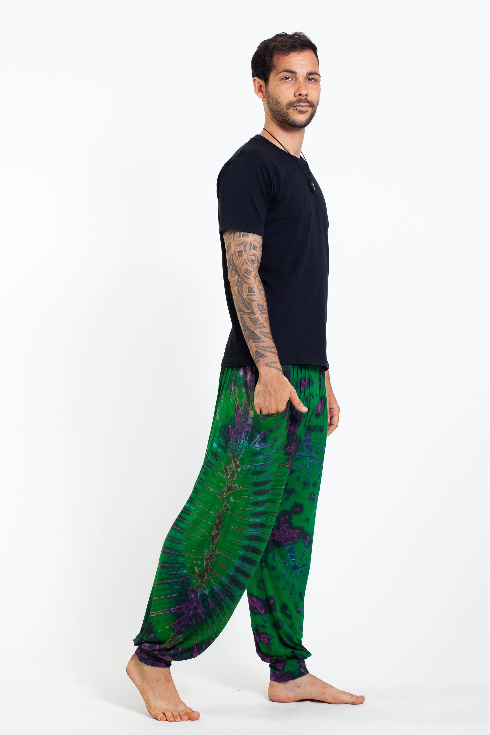 Soft Flex Mens Tie Dye Harem Pants in Green Purple