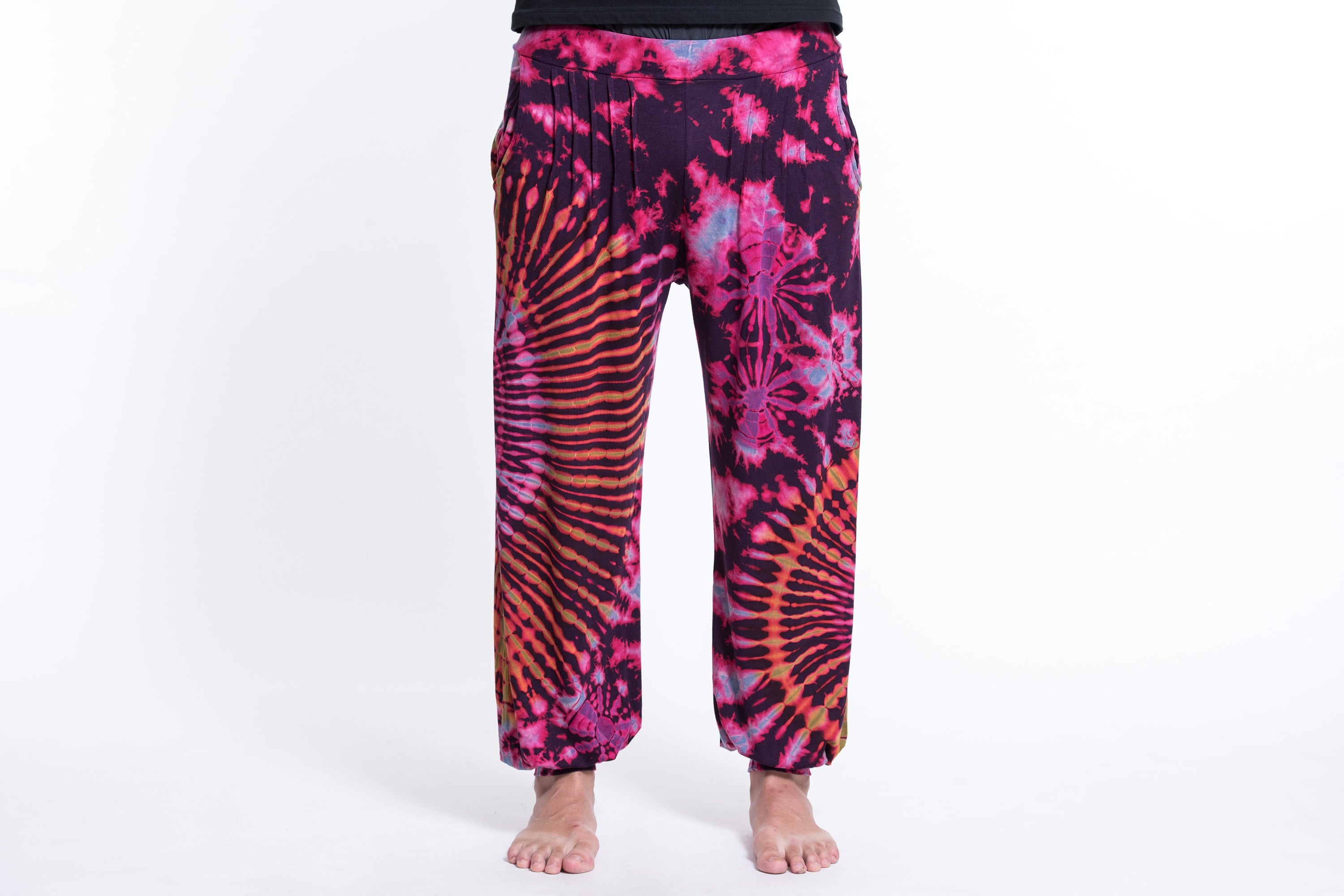 Soft Flex Mens Tie Dye Harem Pants in Purple Pink