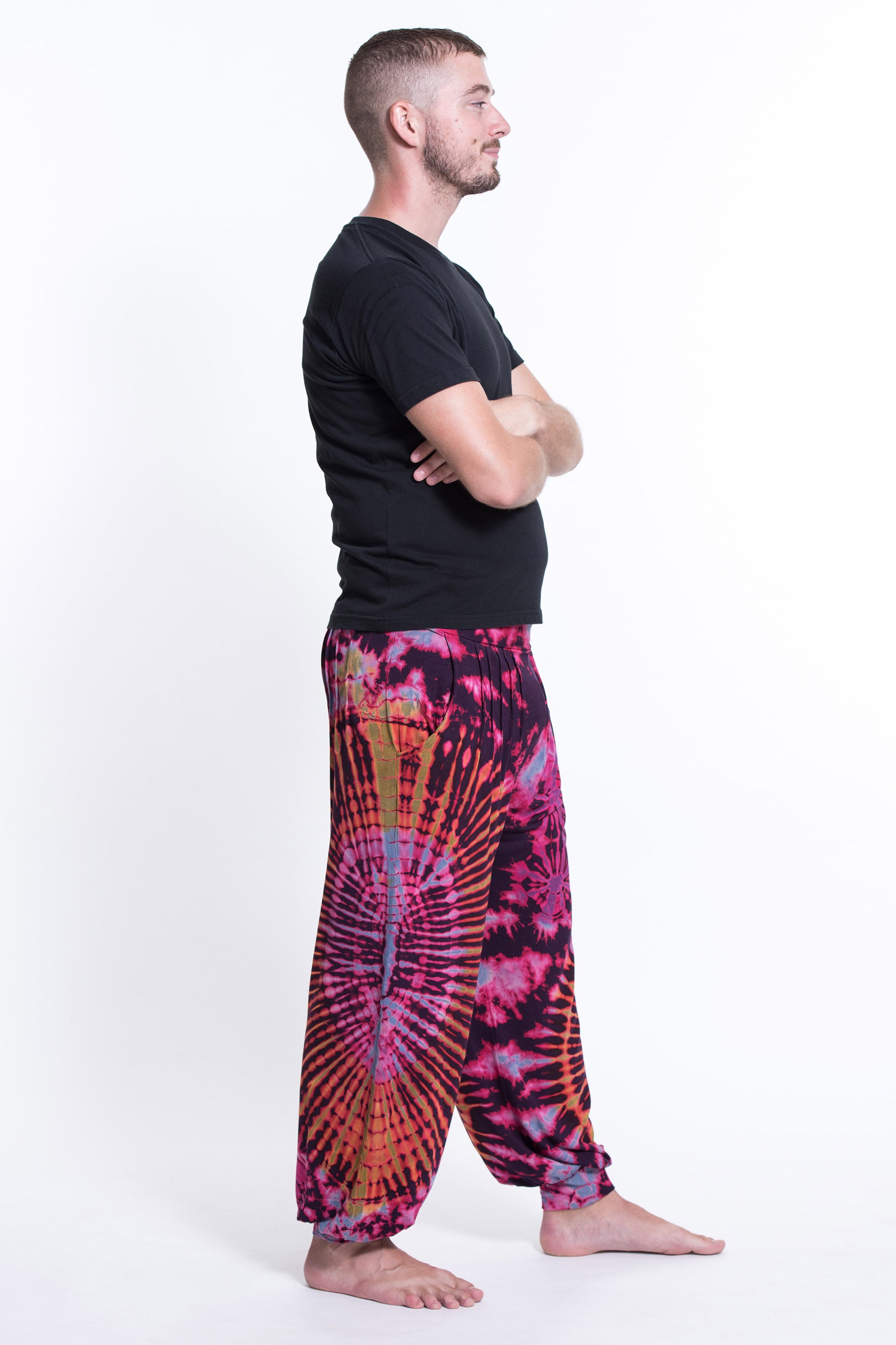 Soft Flex Mens Tie Dye Harem Pants in Purple Pink