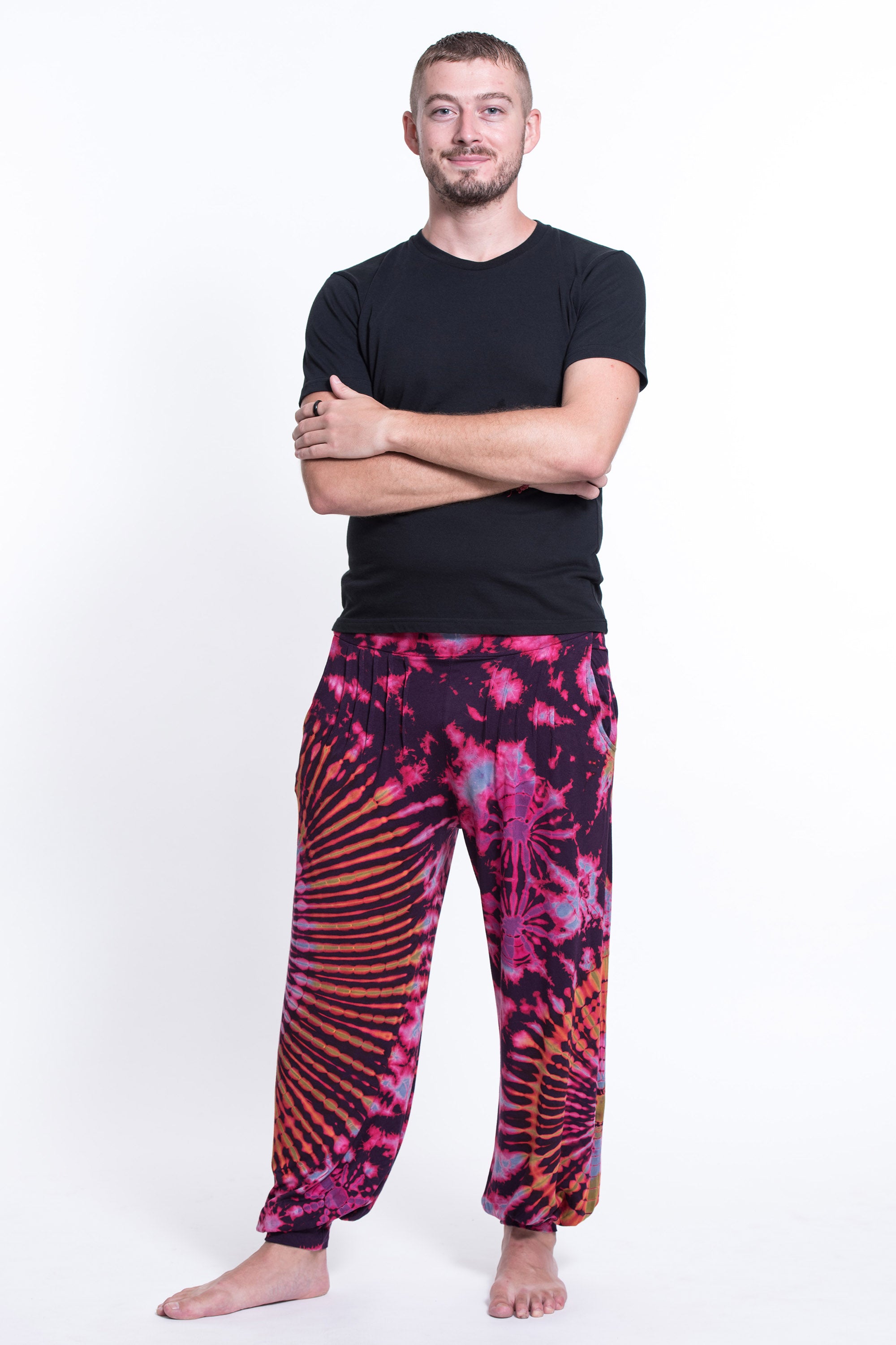 Soft Flex Mens Tie Dye Harem Pants in Purple Pink