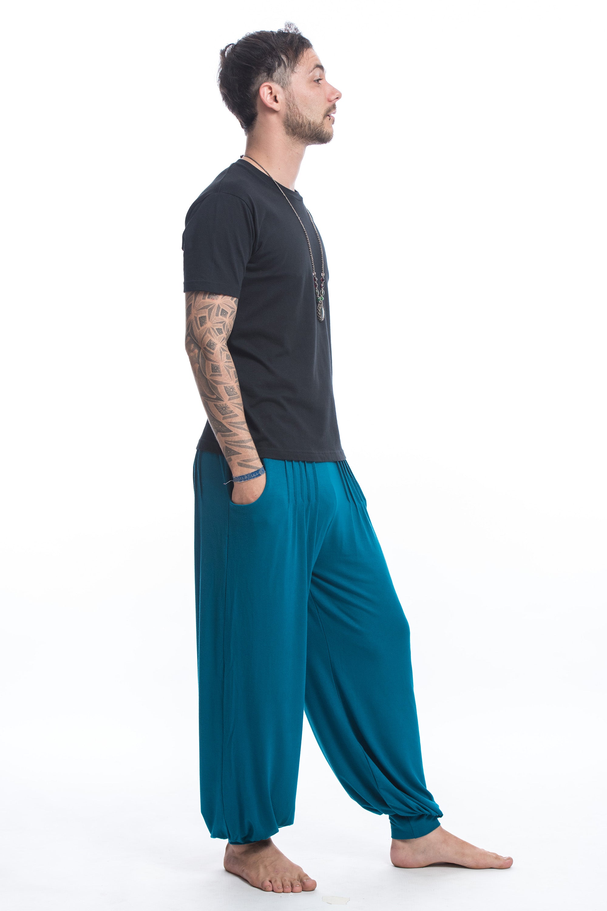Soft Flex Mens Harem Pants in Solid Blue
